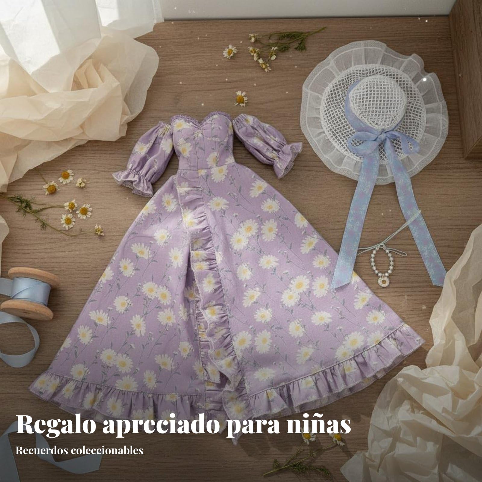 Sharplace Vestido Bjd Muñeca Conjunto Ropa Traje Vestimenta Diseño Romántico con Flores en y Mangas Abullonadas Sombrero y Collar Adecuado para Muñecas Articuladas 60cm Colección Juego Decoración