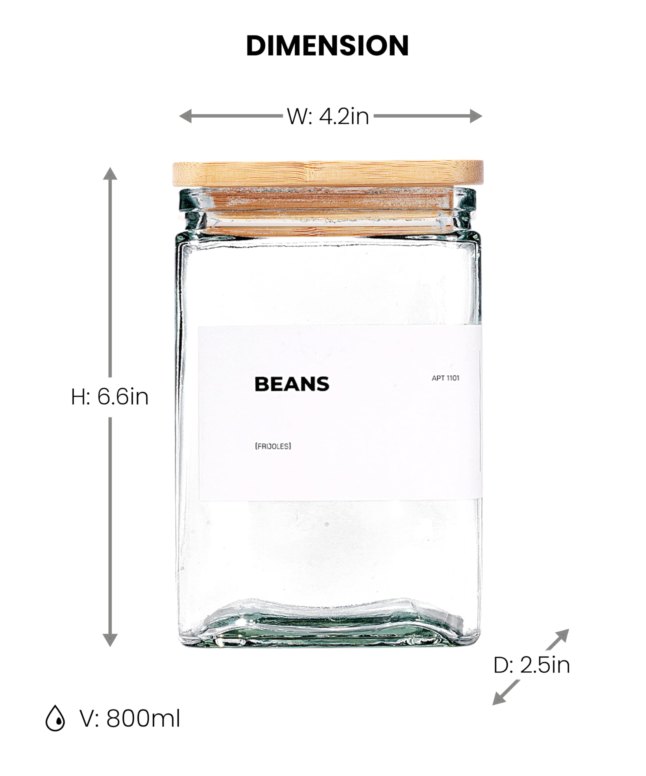 APT 1101 Vorratsdosen aus Glas mit Bambusdeckel, 765 ml, 6 Stück, Glasdosen mit luftdichtem Deckel, transparente Gläser mit Deckel für Kekse, Süßigkeiten, Tee, Kaffeebohnen und Reis (weiß)