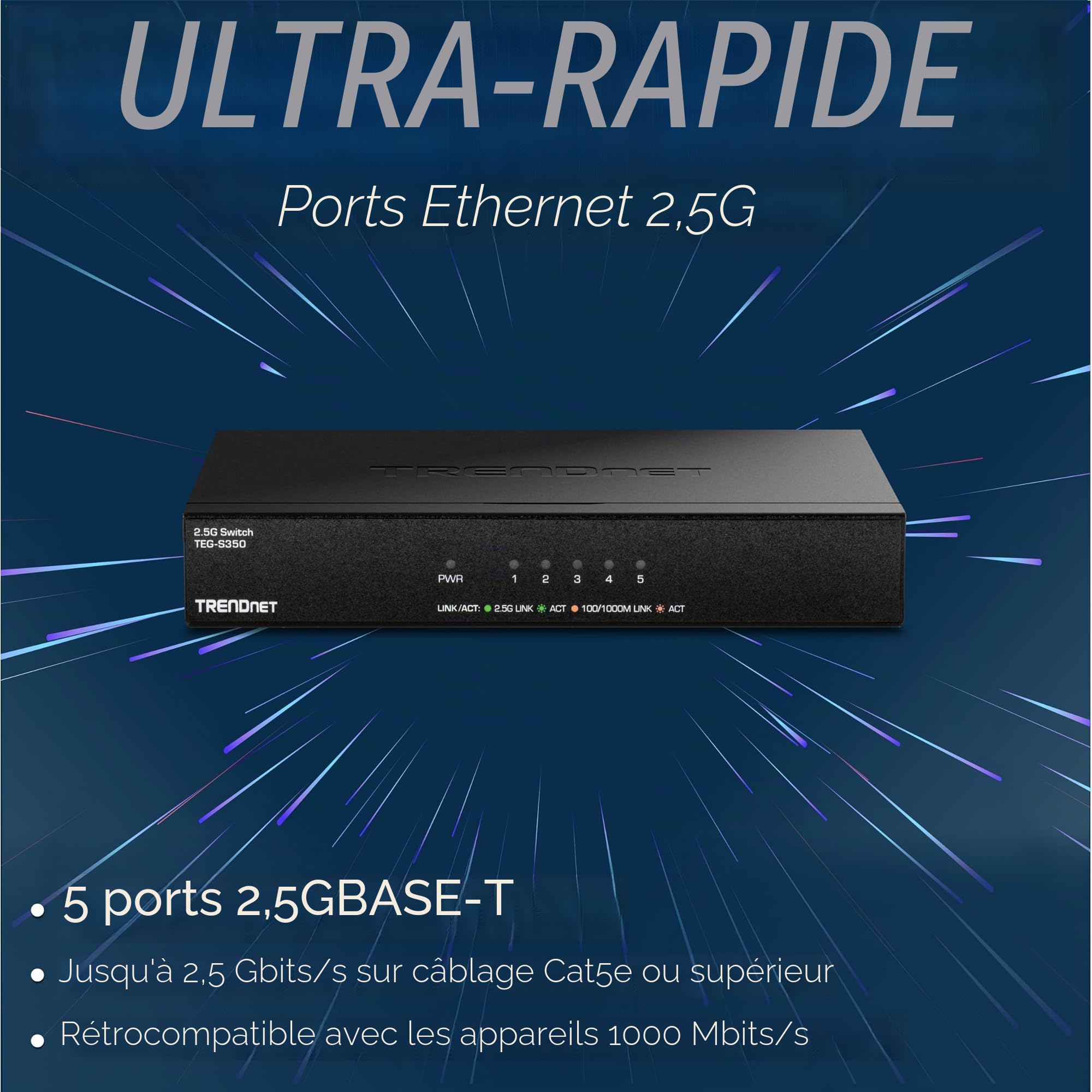 TRENDnet, TEG-S350, Commutateur Non géré 5 Ports 2,5 G, 5 Ports 2,5 GBASE-T, capacité de Commutation 25 Gbit/s, sans Ventilateur, Montage Mural