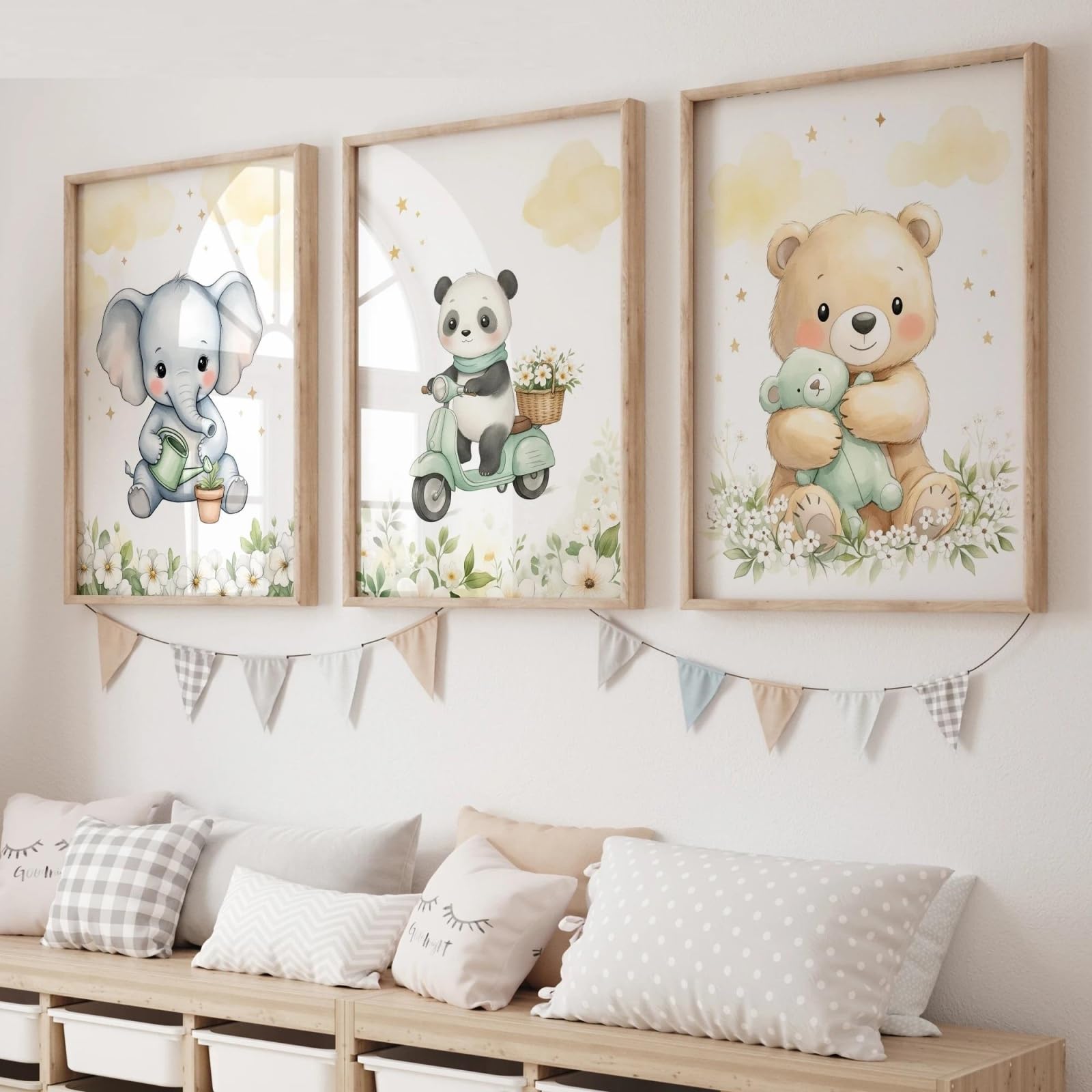 Baibexing Cartoon Elephant Panda Wall Art Print Canvas Painting Poster Picture For Living Room,Bedroom Home Decor 40X60Cmx3Pcs Unframed