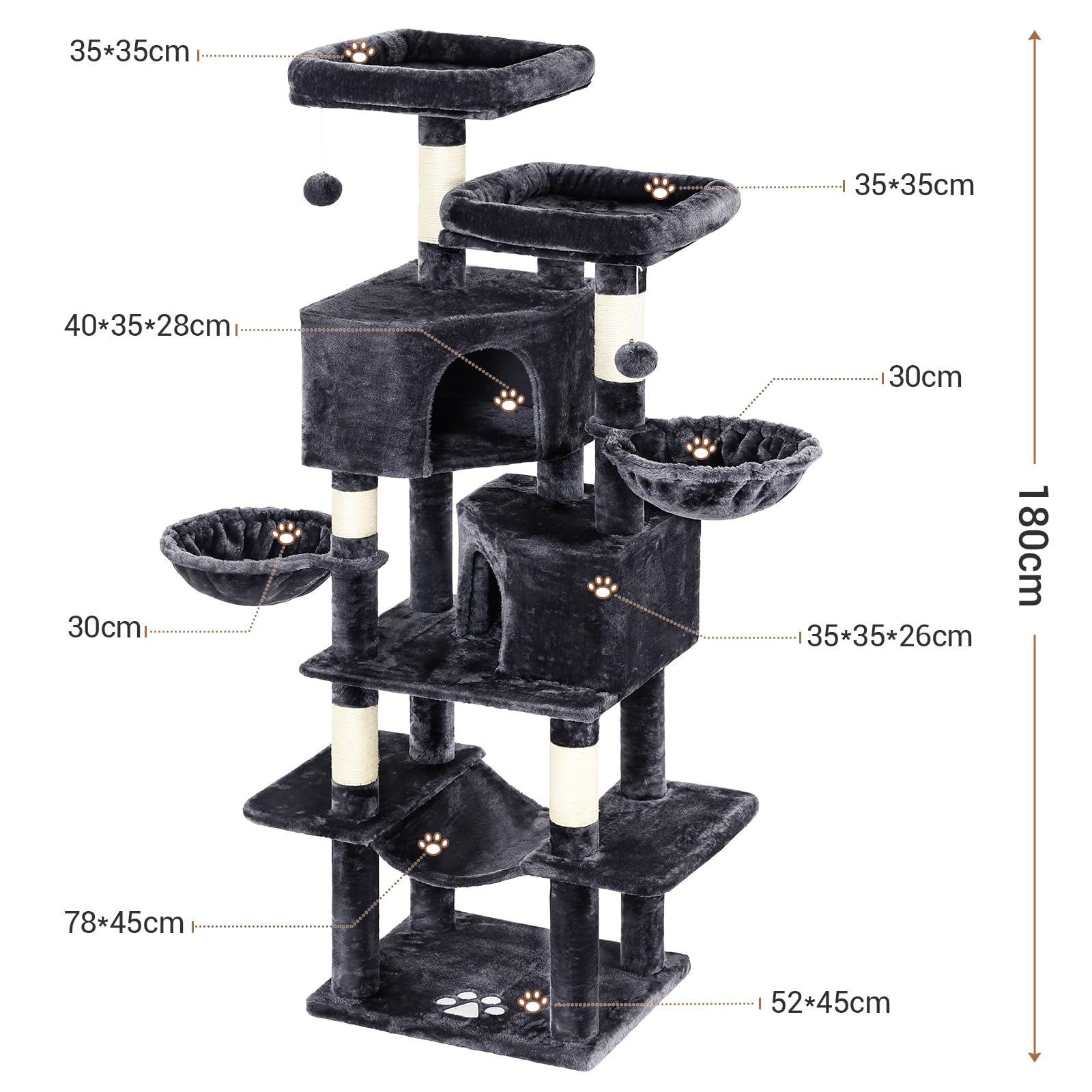 MSmask Rascador grande, 180 cm de alto, árbol para gatos con troncos de sisal, 2 plataformas, 2 cuevas para gatos, cesta, hamaca, árbol rascador para gatos estable, árbol trepador de varios niveles