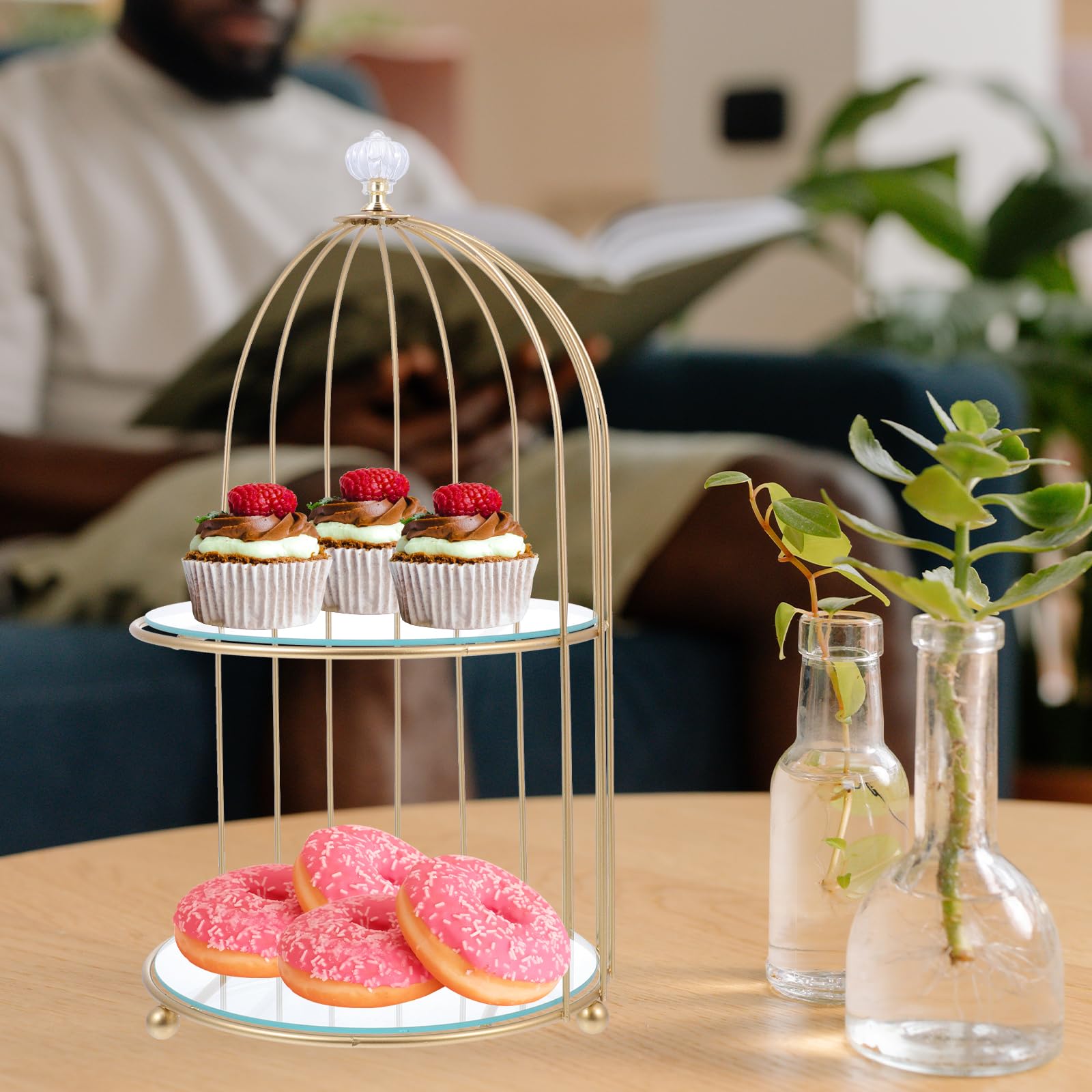 HANABASS Présentoir à cupcakes en métal à 2 niveaux en verre pour cage à oiseaux - Pour anniversaire, fête de mariage (23 x 36 cm)