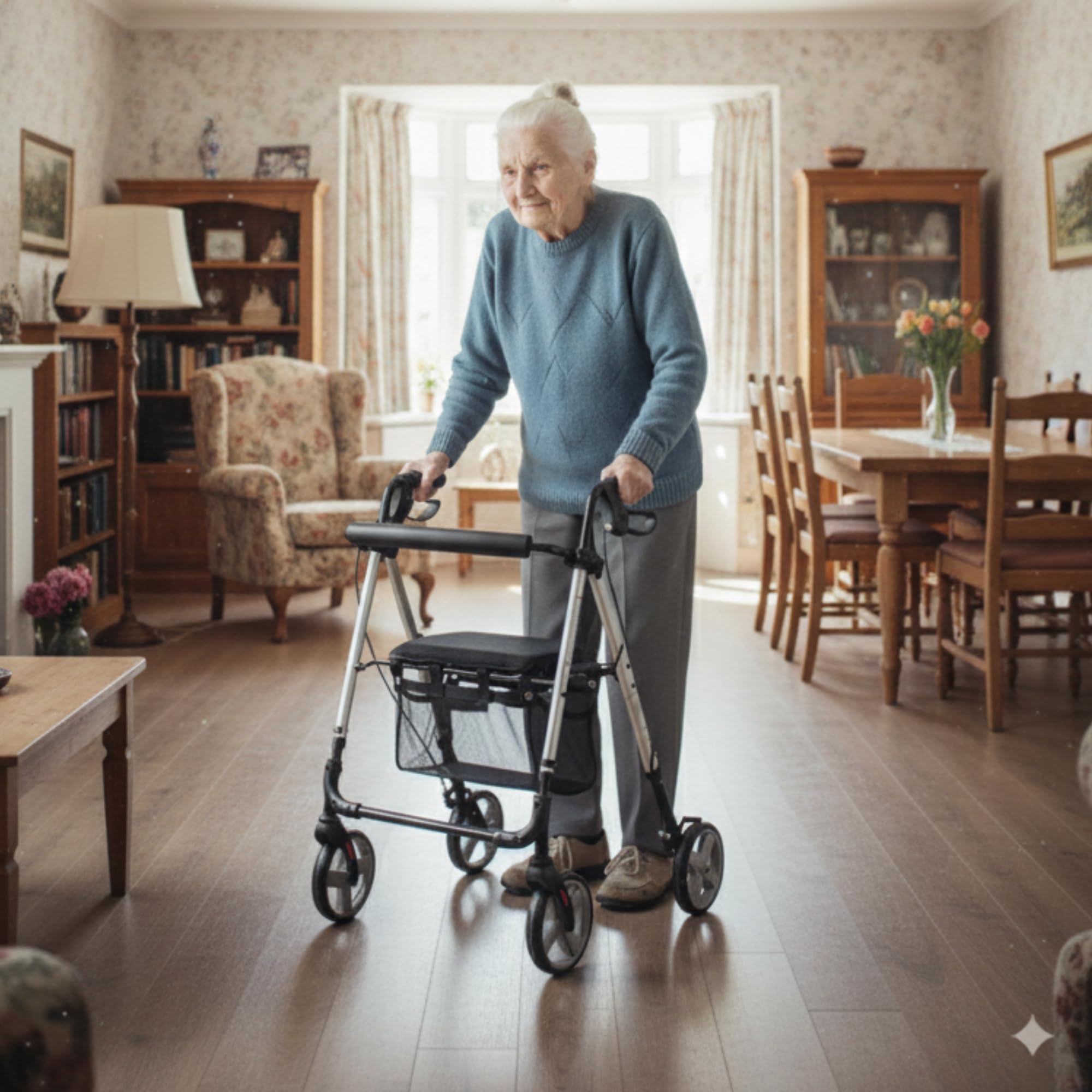 Deambulatore per anziani, disabili, deambulatore per anziani, in alluminio, leggero, cestino, freni sui manici, pieghevole, con sedile e 4 ruote.