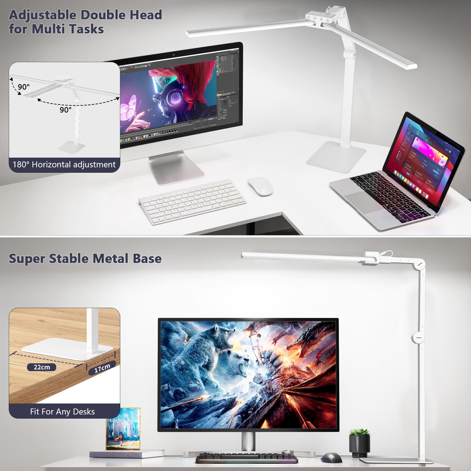 KableRika Lámpara Escritorio LED, 24W 80cm Flexo Escritorio de Doble Cabezal con Base, Luz de Arquitecto Regulable, luz monitor con Temporizador, 1200 lúmenes para Leer, Estudiar y Oficina en el Hogar
