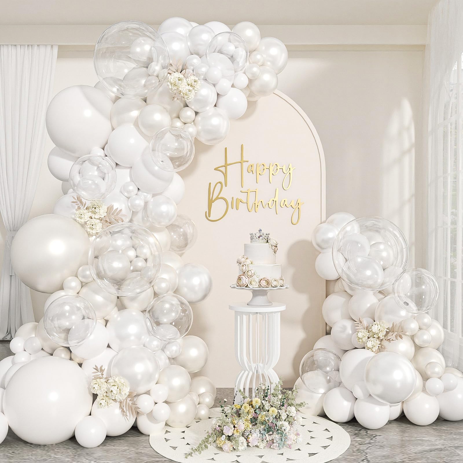 Photo 1 of 124pcs White Balloon Arch Kit Clear Double Stuffed Pearl White Balloons