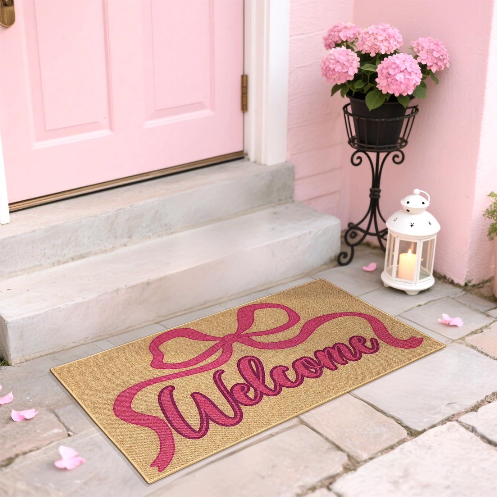 Photo 1 of Pink Bow Doormat Outdoor Indoor Welcome Entrance Door Mat Front Back Door Pink Bowknot Inside Outside Floor Mat Non Slip Welcome Carpet Rug Washable Doormat for Porch Patio Home Decor