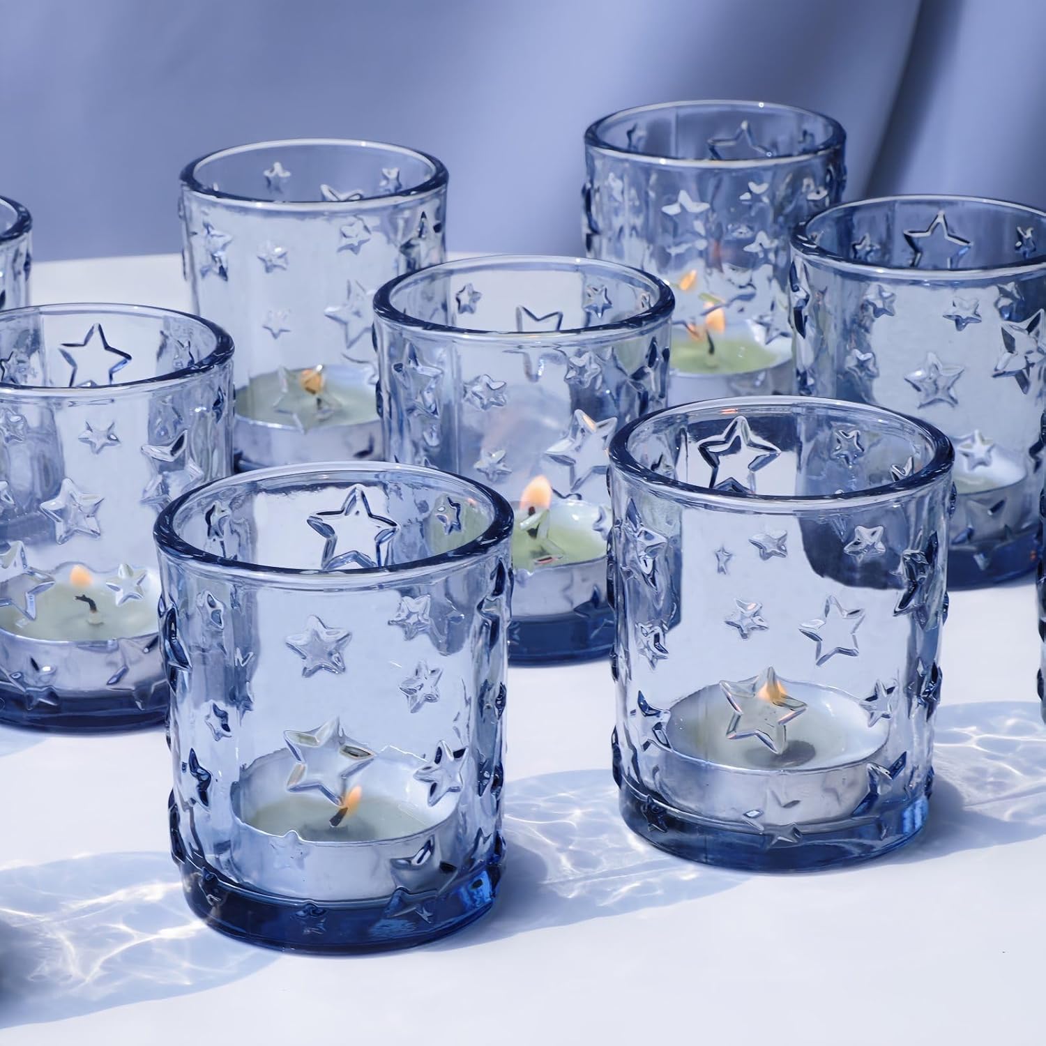 VOHO 24pcs Votive Candle Holders Star Embossed Glass, Blue Candle Holders Wedding Centerpieces for Tables, Glass Tealight Candle Holder for Thanksgiving, Halloween, Winter Holiday