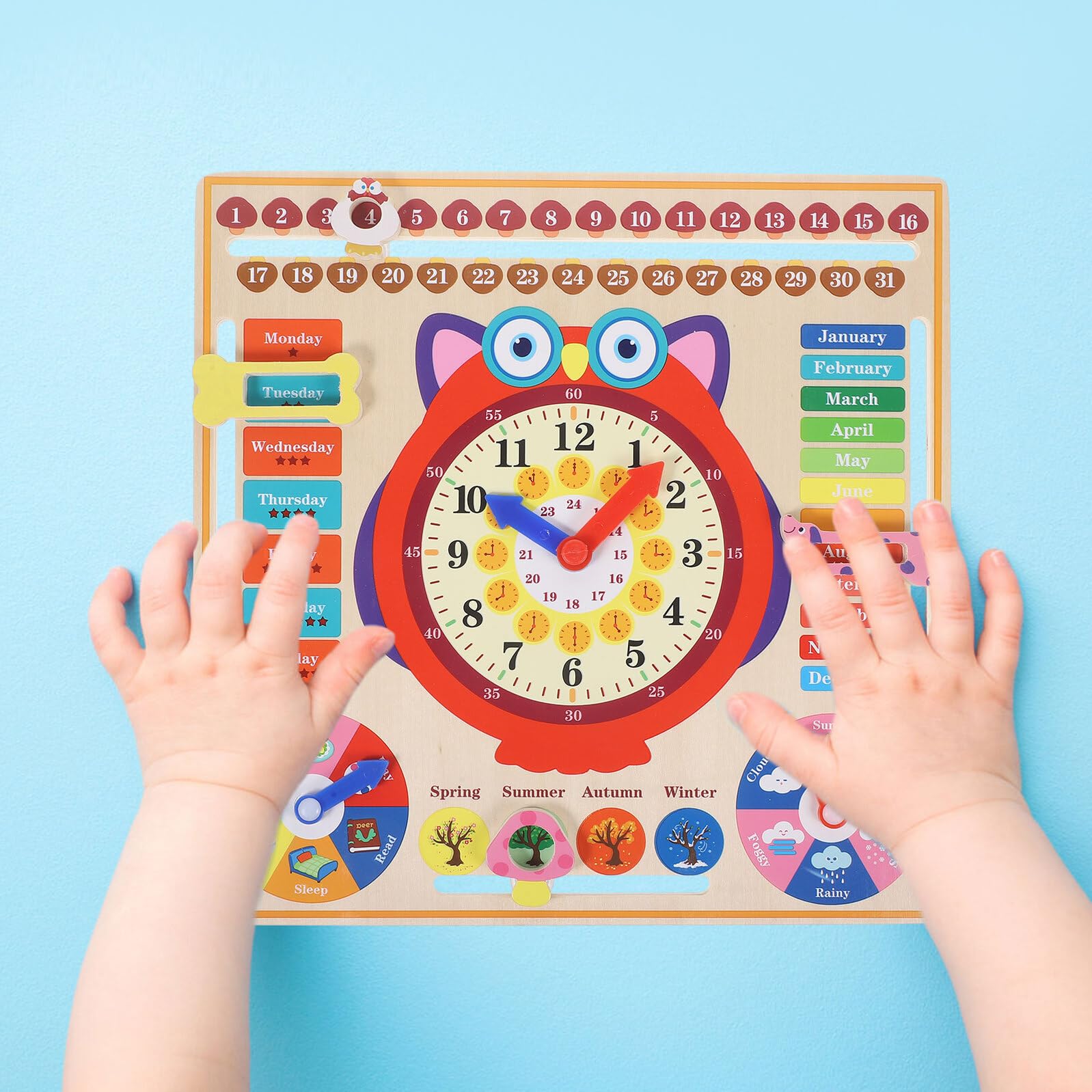 NOLITOY Reloj de Madera Educativo para Reloj Didáctico de Búho para Aprendizaje de Clima y Estaciones Juguete de Desarrollo Cognitivo para Alumnos de Años Infantiles