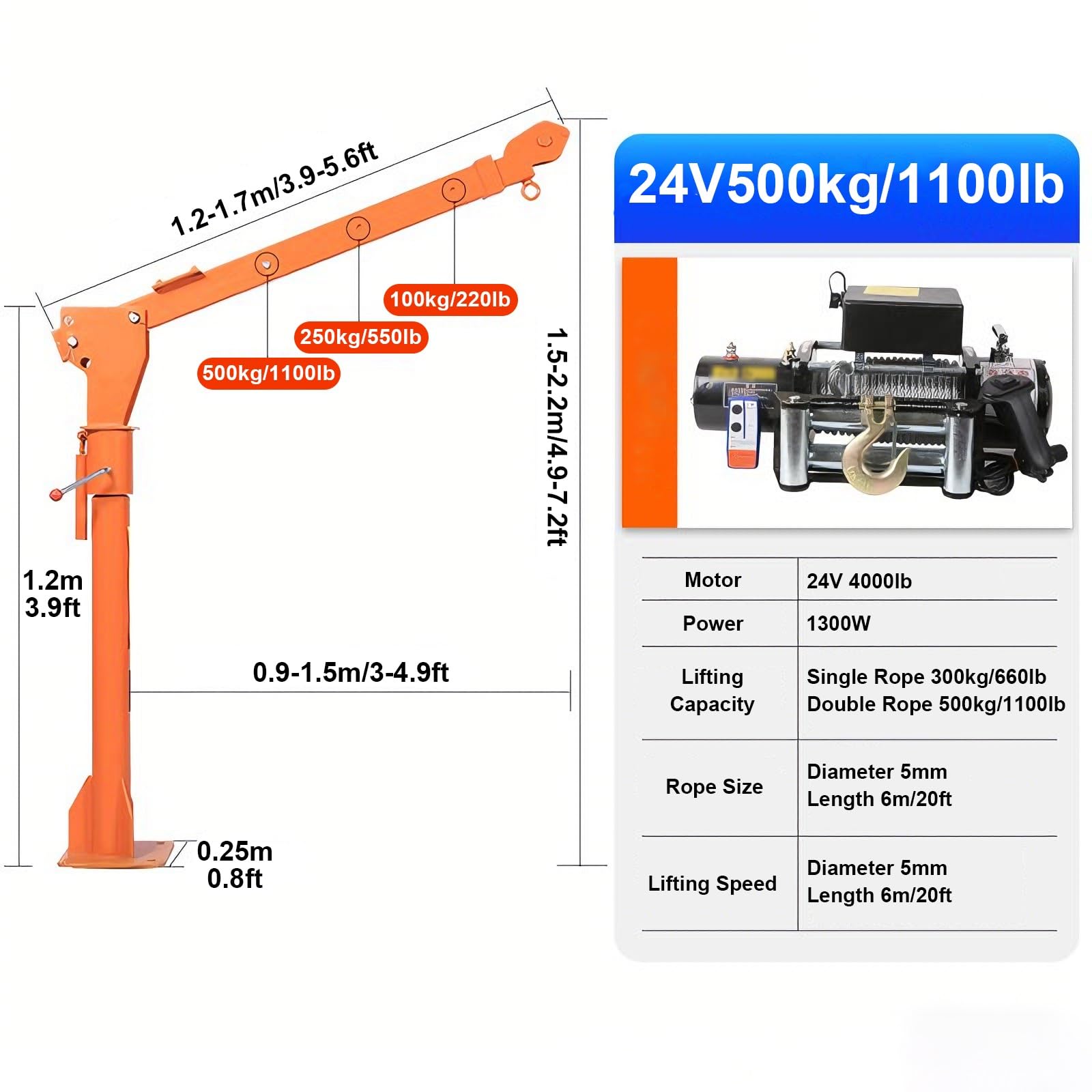LKW-Ladekran mit 500kg Tragkraft, Klappbarer LKW-Ladekran mit Fernbedienung, 360°-Schwenkausleger, zum Heben von Generatoren, Motoren, Kompressoren und Holz