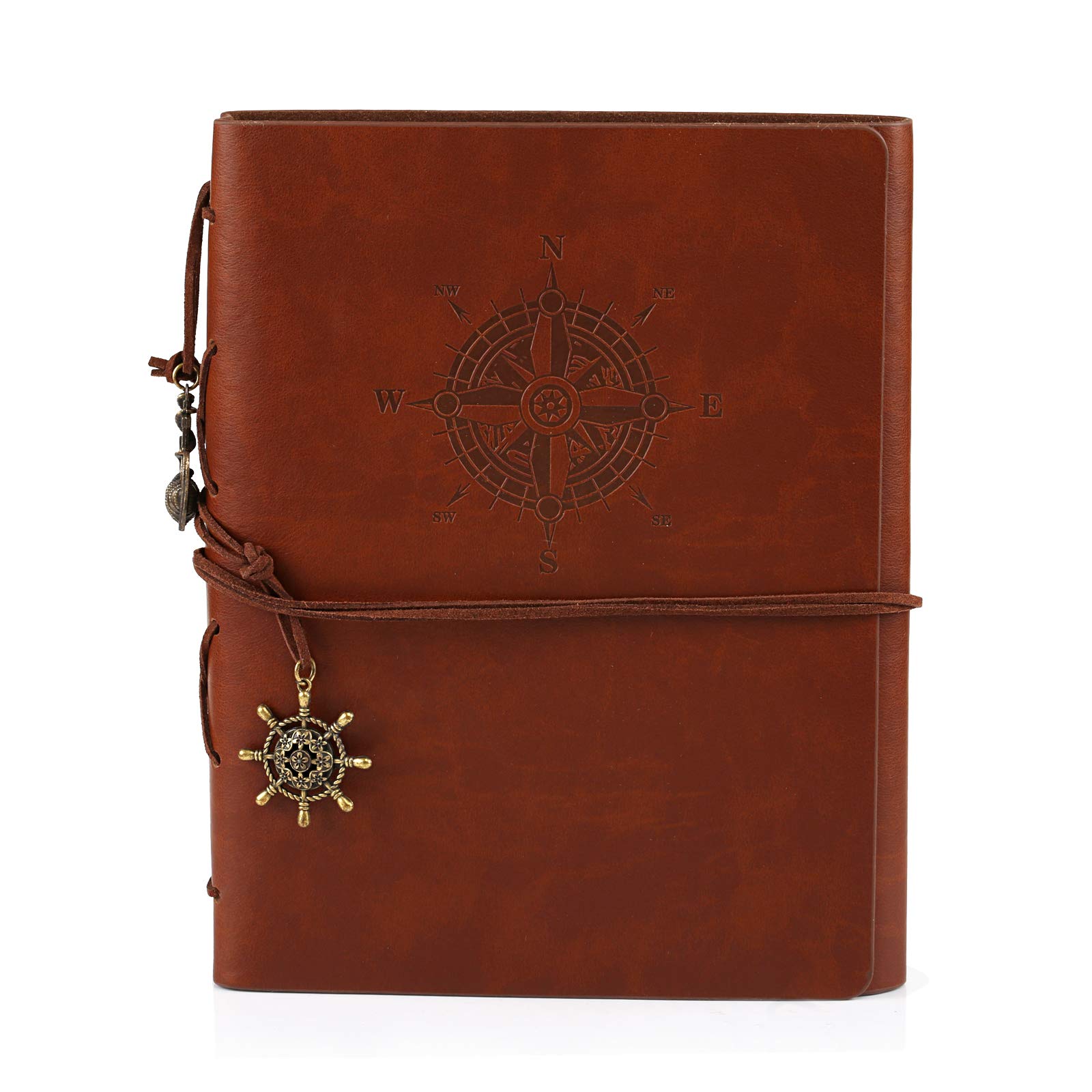 Kesoto DIY Scrapbook Photo Album Refillable Leather Memory Book with Vintage Nautical Spiral Compass for Birthday Anniversary Wedding, 60 Pages, Brown