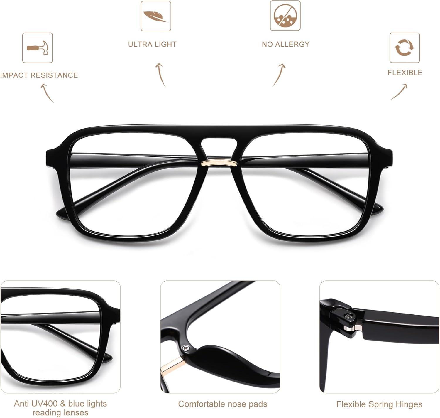 AMOMOMA 3 Pack Trendy Aviator Reading Glasses for Women Men Stylish Square Blue Light Blocking Readers AM6164 - Image 4