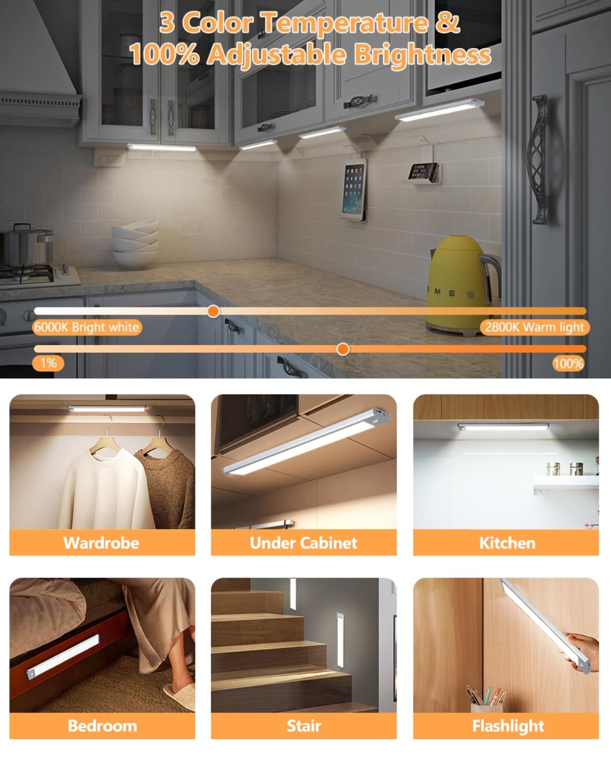 Unterschrankleuchten, dimmbar, 60 LEDs, Bewegungsmelder, Innenbereich, kabellos, wiederaufladbar, 3 Farben, magnetische Schrankleuchte für Küche, Kleiderschrank, 2 Stück