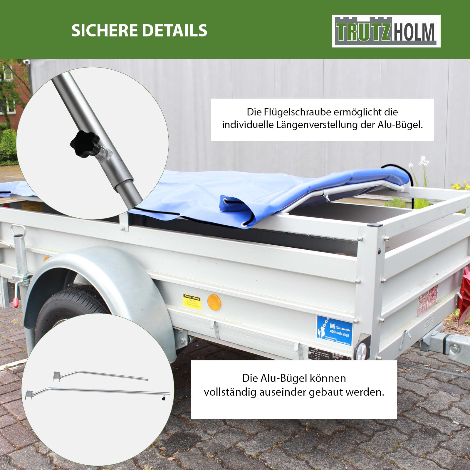 TRUTZHOLM 2X Alu-Bügel für Anhänger Flachplanen verstellbar 1065-1480mm Planenstütze Flachplanenbügel