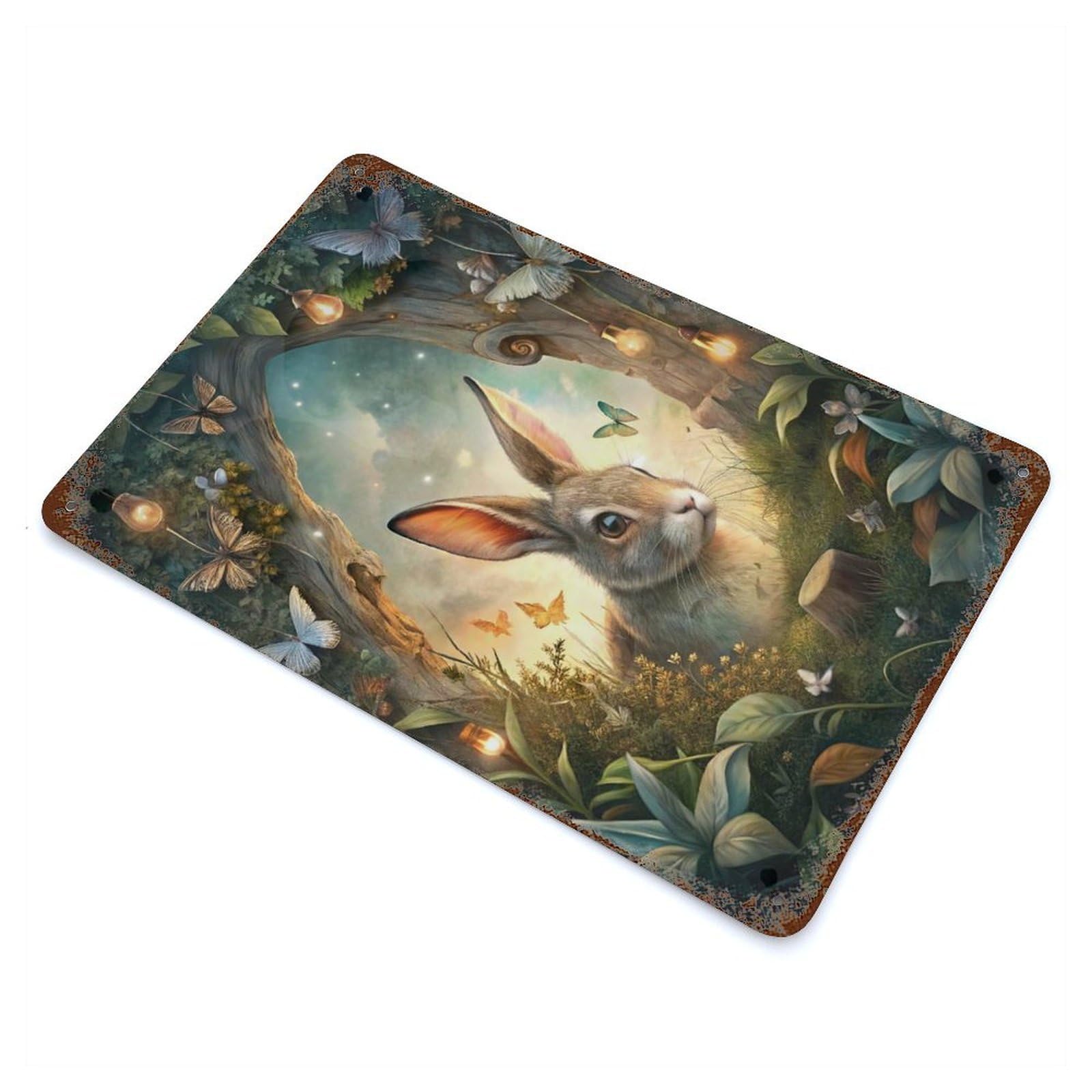 Rabbit in Enchanted Forest with Butterflies Rust Effect Tin Sign 11.8"x7.9", Ideal for Farmhouse, Kitchen And Entryway Decor