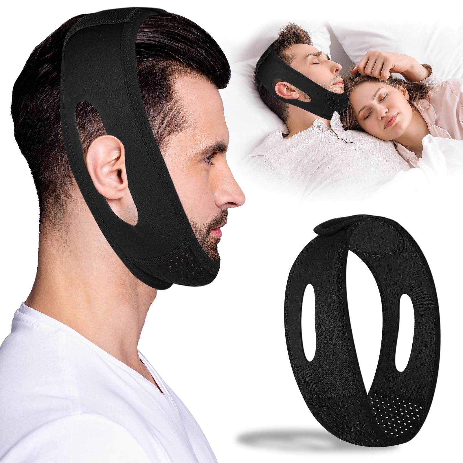 Chin Strap for Sleeping - Anti Snoring Devices - Effective Snoring Solution - Adjustable Breathable Anti Snore Chin Strap - Airflow Jaw Strap for Friendly Comfortable Sleeping (Black）