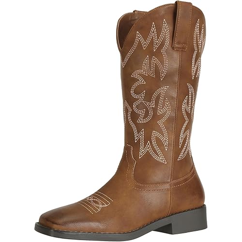 SheSole Women's Mid Calf Square Toe Cowgirl Western Cowboy Boots Brown