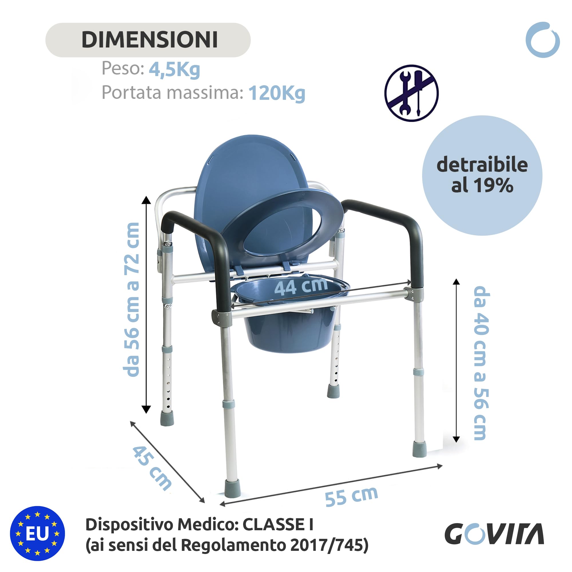 GOVITA Sedia Da Comodo Comoda Wc In Alluminio 4 Funzioni In 1 Pieghevole Sgabello Doccia Bagno Per Aziani E Disabili, Rialzo Wc Water Supporto Per Water Sedile Per Doccia Per Anziani