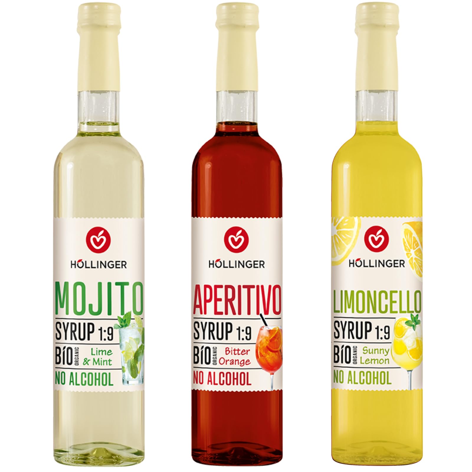 Höllinger Lot de 3 Sirops Bio Sans Alcool, Mojito Citron Vert & Menthe, Aperitivo Orange Amère, Limoncello Citron, 500ml Chacun, Ratio 1:9