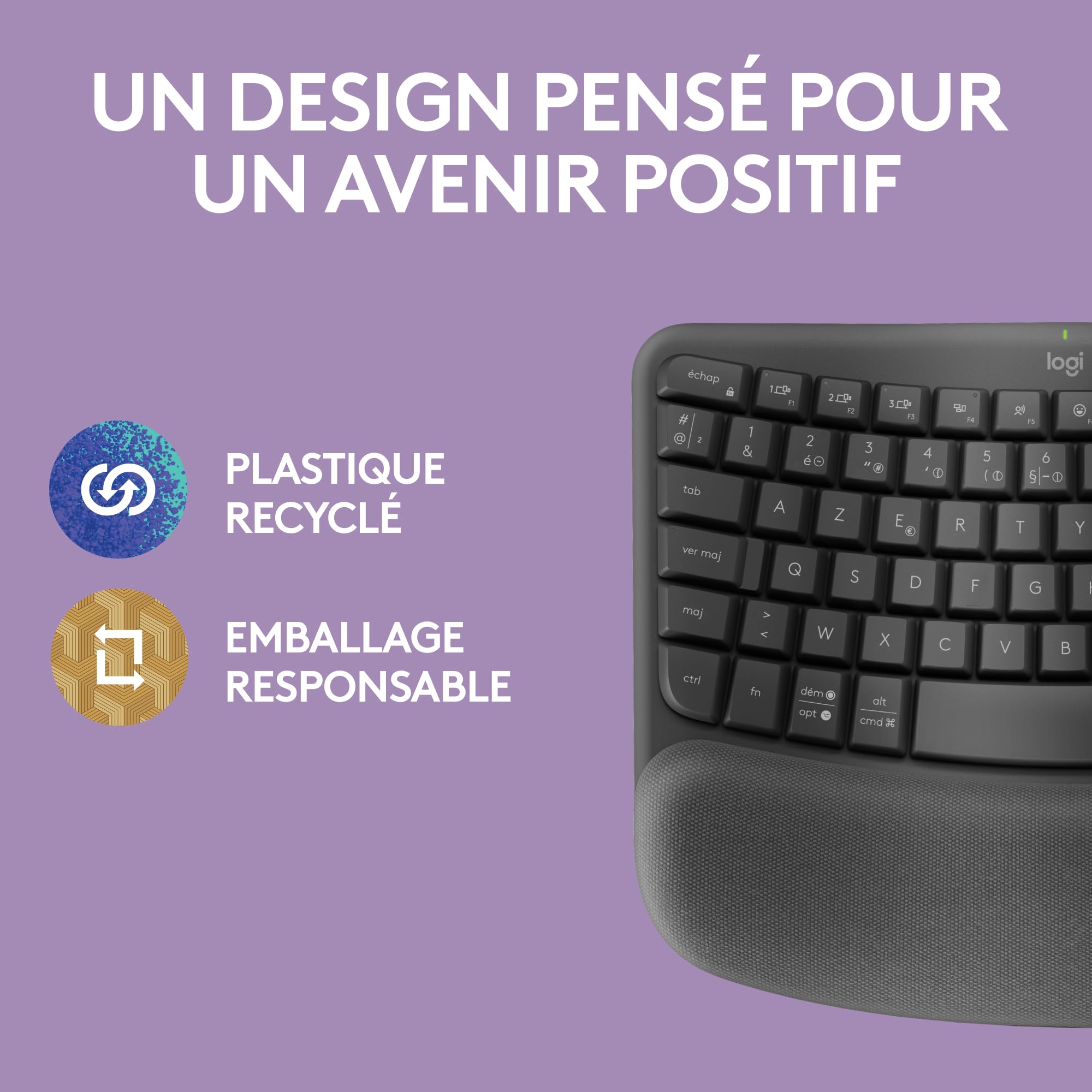 Logitech Wave Keys - Clavier Ergonomique sans Fil, Repose-Poignets rembourré, Frappe Naturelle econfortable, Easy-Switch, Bluetooth, récepteur Logi Bolt,Multi-SE,Windows/Mac, Français AZERTY-Graphite