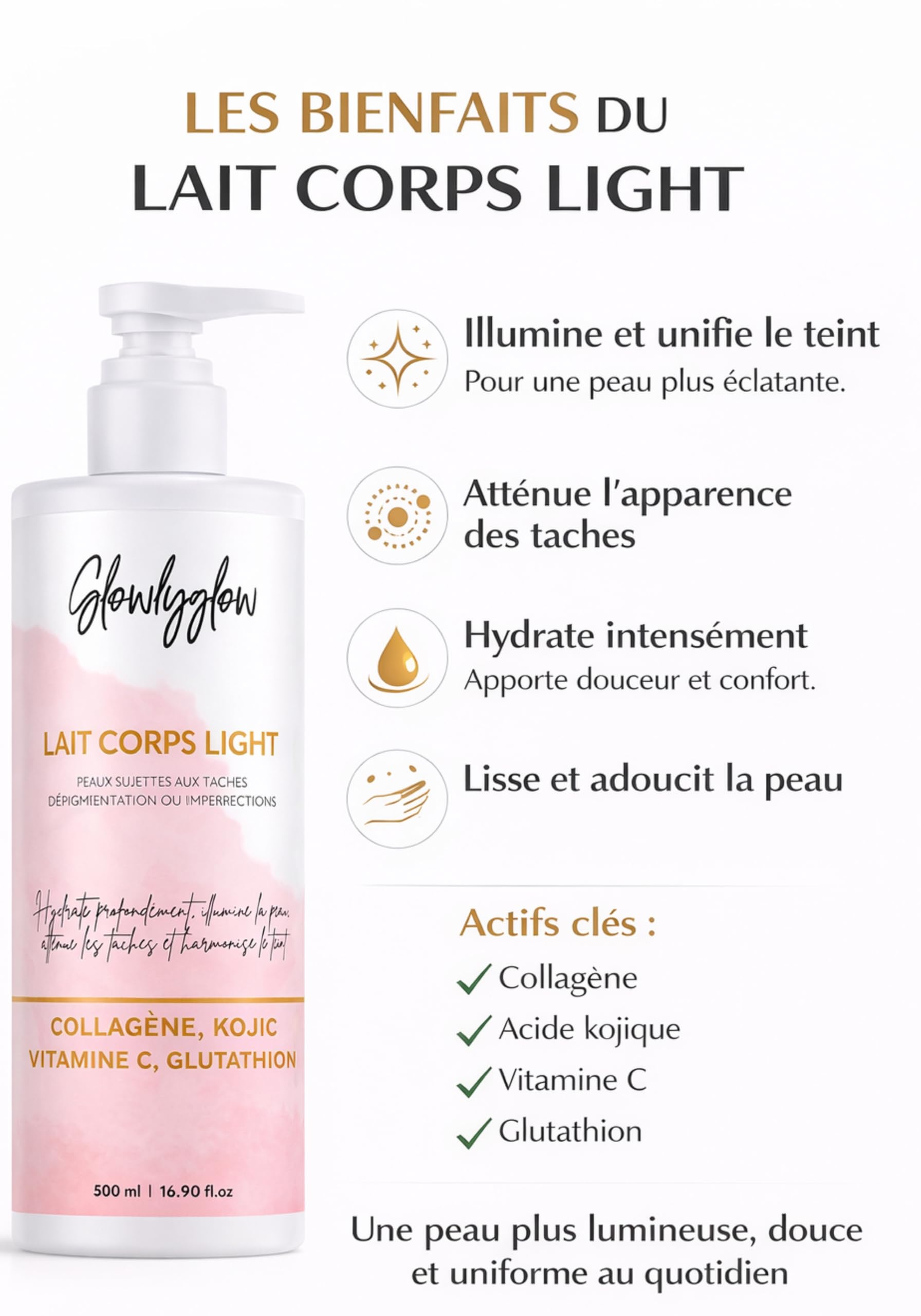 Lait Corps Light – Lait Éclaircissant 500 ml – Glutathion, Vitamine C, Acide Kojique & Niacinamide – Hydratant Corps, Anti-taches, Teint Lumineux & Uniformisé
