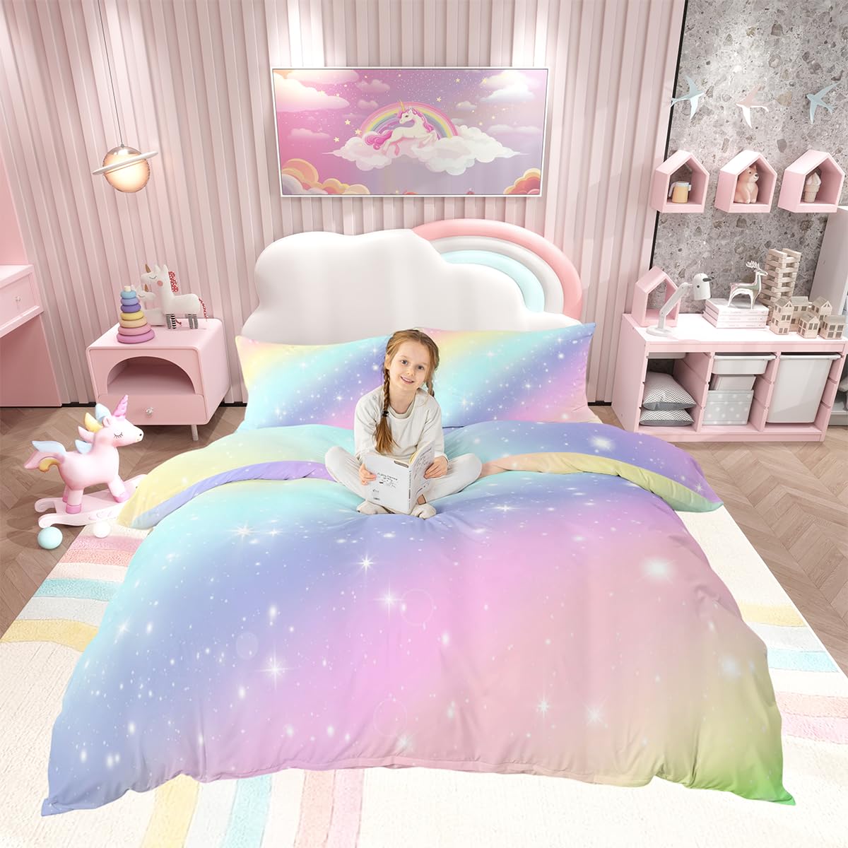 Loussiesd Kids Girls Rainbow Bedding Duvet Cover Single Cute Colorful Stripes Bed Set 2 Piece Glitter Ombre Quilt Covers and 1 Pillowcases Mildly Cosy Budget Princess Bedclothes