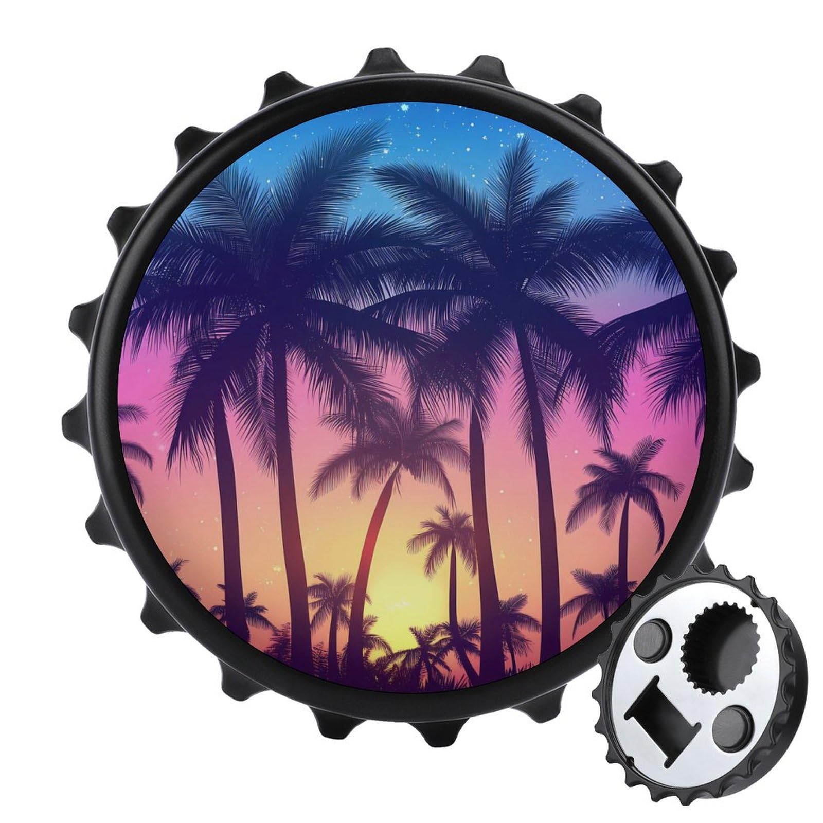 80s-style Palm Tree Sunset 2 in 1 Beer Bottle Opener Wall Mount Opener Portable Easy Storage Gift for Men Women Black-style