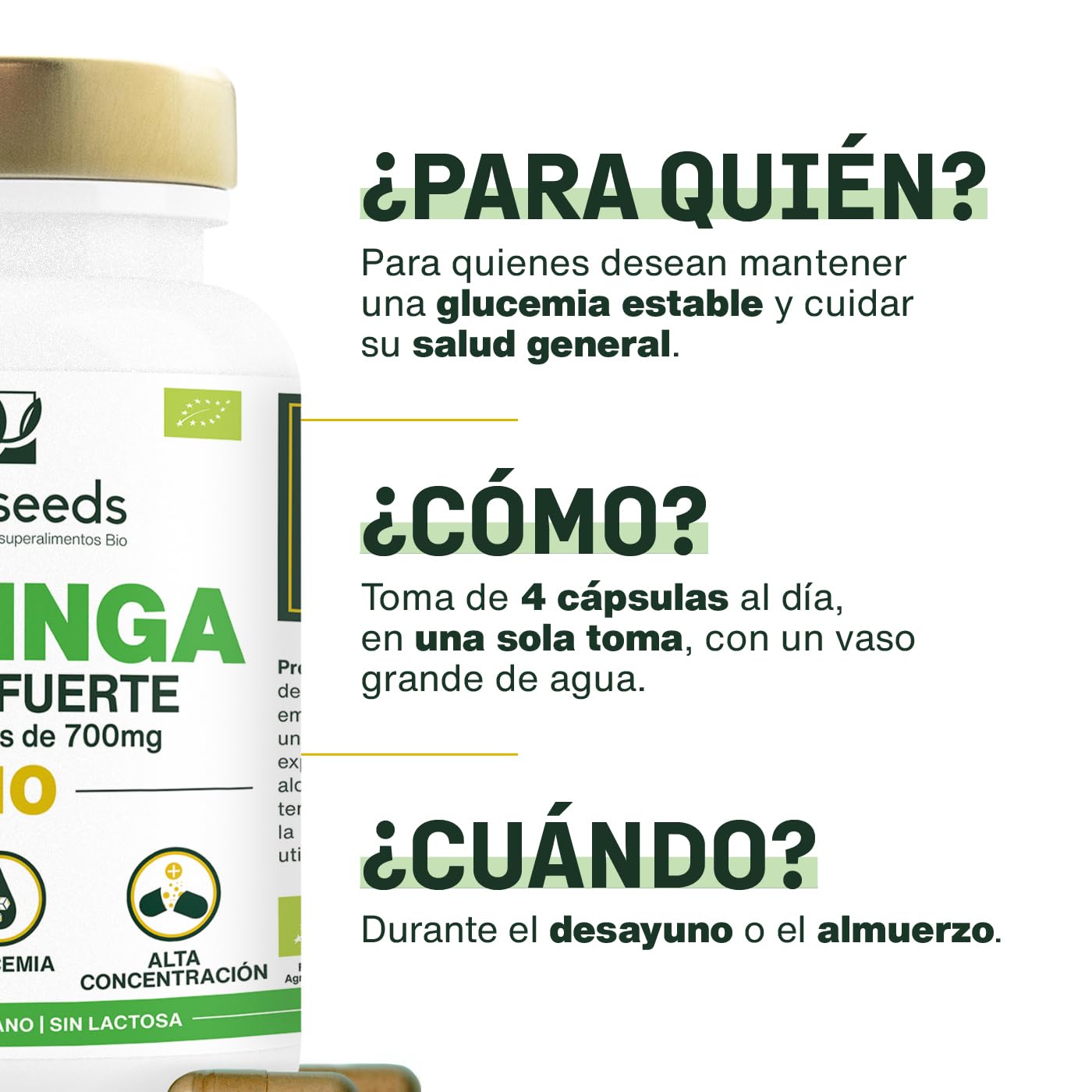 Moringa Oleifera BIO | Extra Forte | Azúcar en sangre | 100% Natural y Puro | 120 cápsulas veganas de 700mg | Primera Calidad