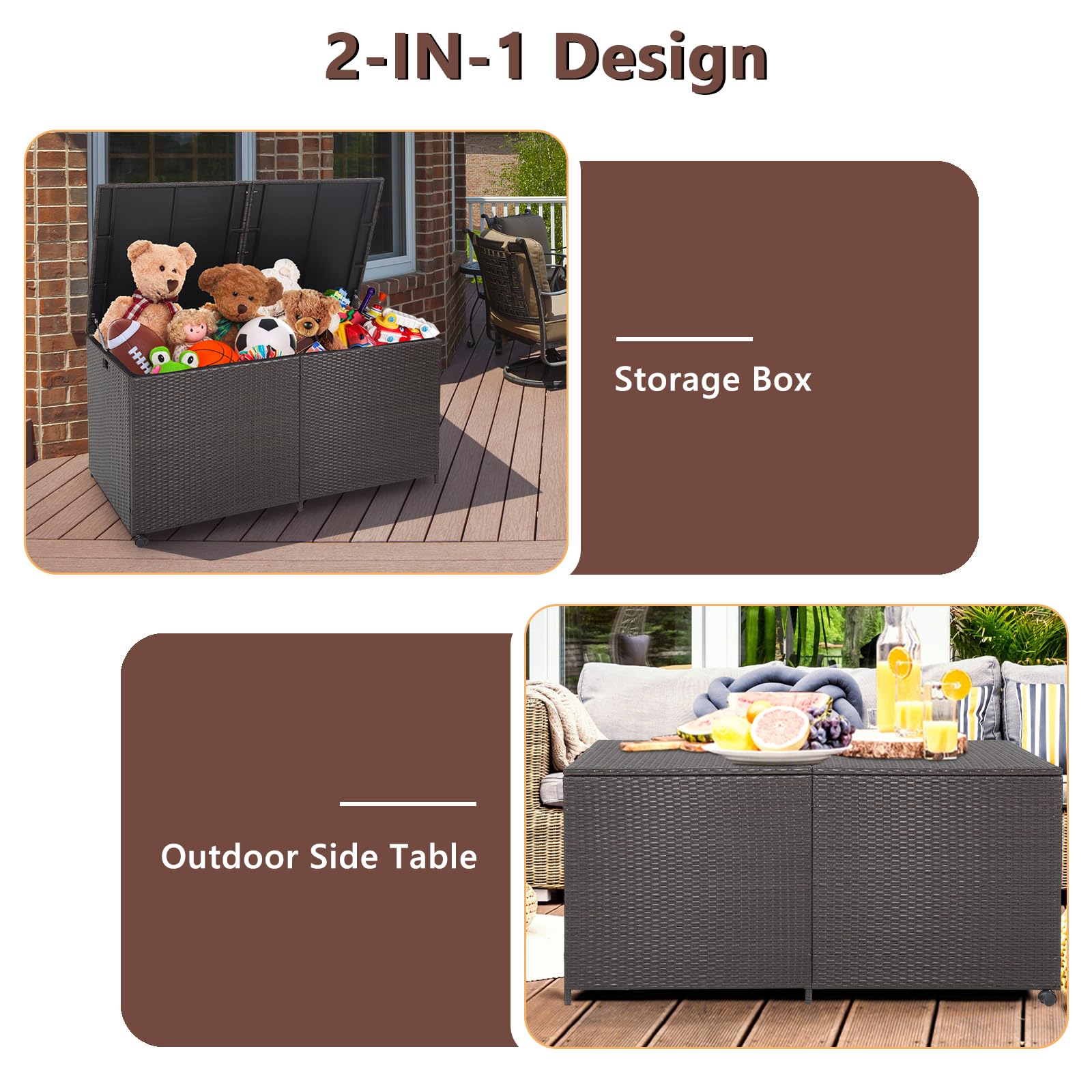 HOMASIS 662L Cassapanca Contenitore da Esterno in PE Rattan, Baule da Esterno con Rivestimento in PU, Panca Contenitore con 2 Ruote per Giardino, 150 x 77 x 73 cm, Marrone