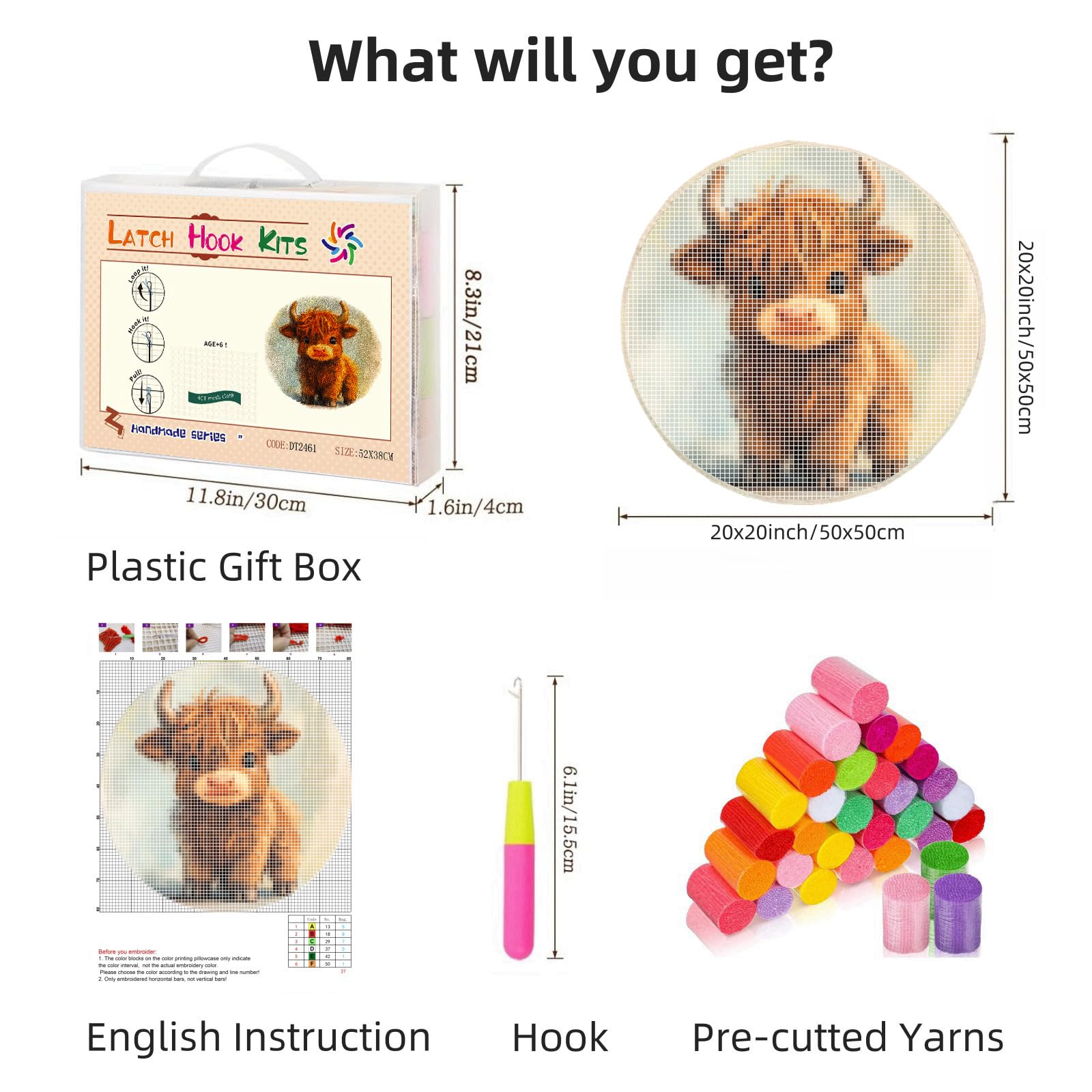 Latch Hook Rug Kit Cute Highland Cow Baby Stamped Handmade Round Shape Carpet Crochet Yarn Craft DIY Hook and Latch Door Mat Tapestry for Christmas Home Floor Decor 20x20inch(10)