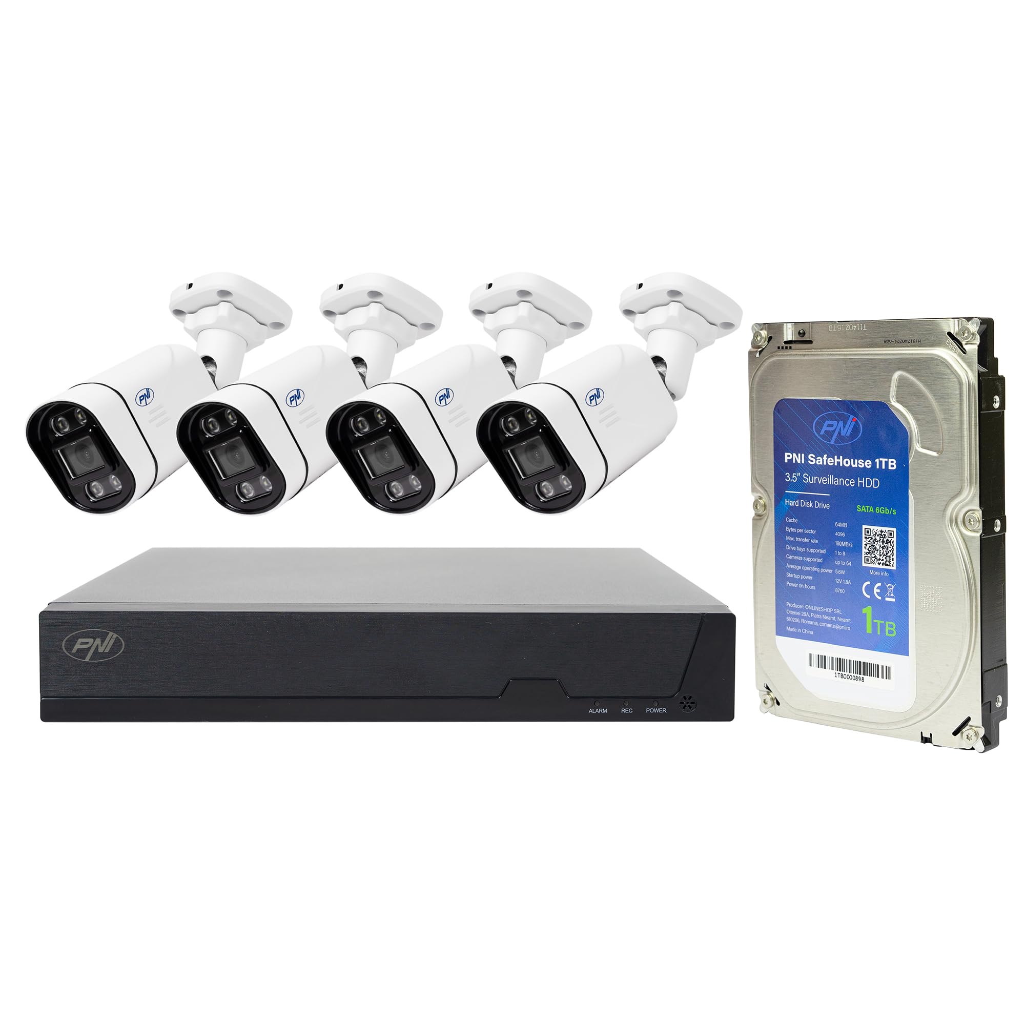 Pakiet do monitoringu wideo POE PNI House IPMAX POE 5, NVR, 4 kamery z IP 5 MP i PNI SafeHouse 1 TB HDD w zestawie