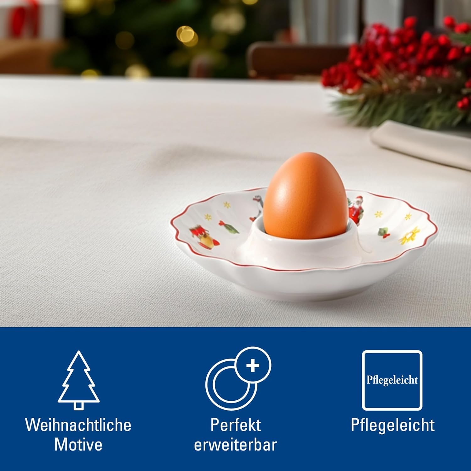 Villeroy & Boch Toy's Delight Eierbecher 4er Set, 11 cm, Weihnachtliche Eierteller mit Wintermotiven, Premium Porzellan, Weiß/Rot/Gold