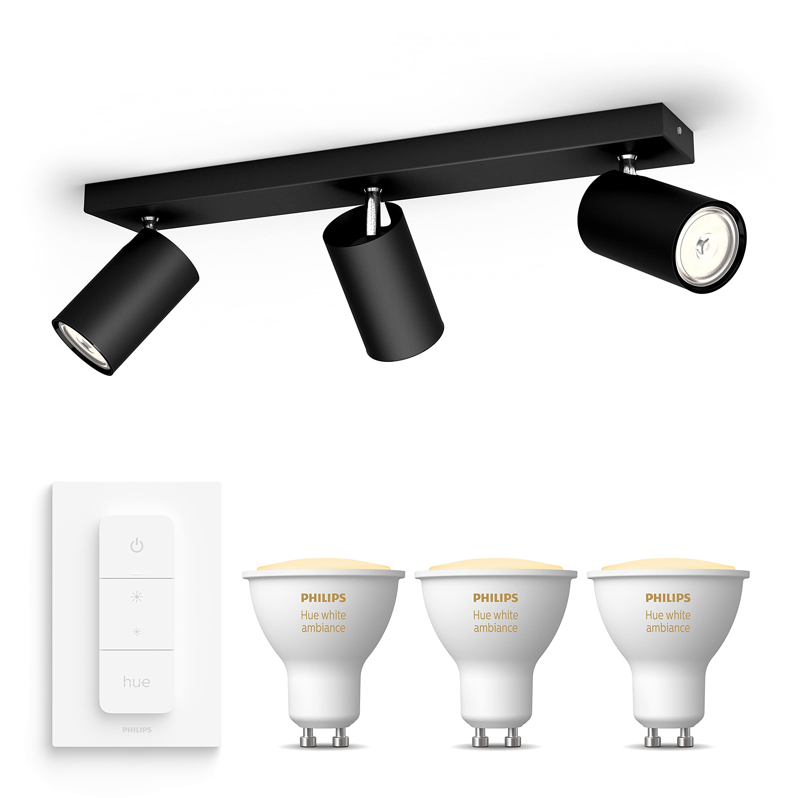 Philips Hue Kosipo Aufbaustrahler (Schwarz) - Warm bis Kaltweißes Licht - inkl. Hue Dimmschalter - Deckenstrahler 3 Flammig - GU10 - Hue White Ambiance
