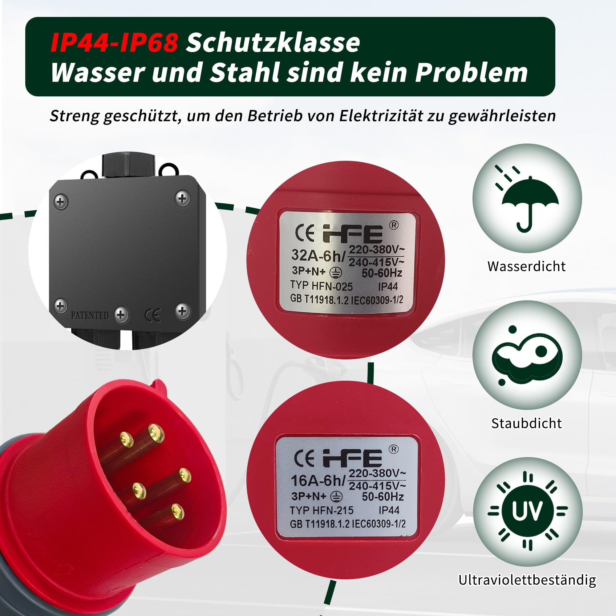 Adapter CEE 32 A na 16 A, 2 x wtyczka CEE 230 V 16 A, 5-biegunowy, przedłużacz 1,5 m, IP44-68, rozdzielacz prądu na kemping, na zewnątrz, do przemysłu, na plac budowy, do warsztatu