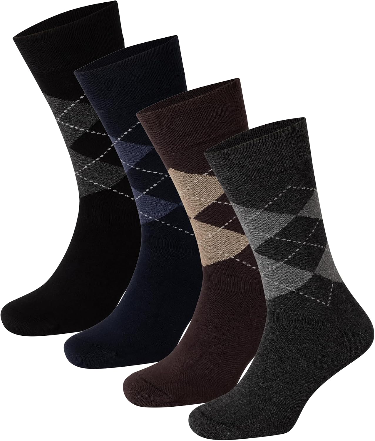 Bamboo Dress Socks for Men, 4-Pack Classic Argyle Seamless Toe, Black/Gray/Navy/Brown
