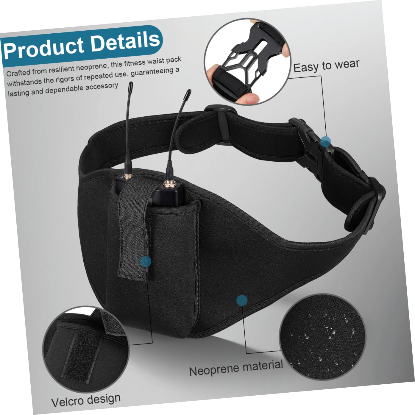 Toyvian Ceinture de Microphone en Néoprène Réglable Poche Frontale et Boucle Rapide pour Entraînement Fitness et Yoga, Maintien Sécurisé et Confortable