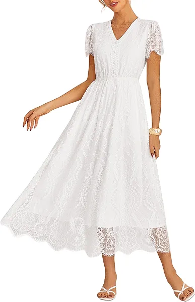 GRACE KARIN Women's V Neck Short Sleeve Buttons Floral Lace Wedding Dress Bridesmaid Cocktail Party Maxi Dress