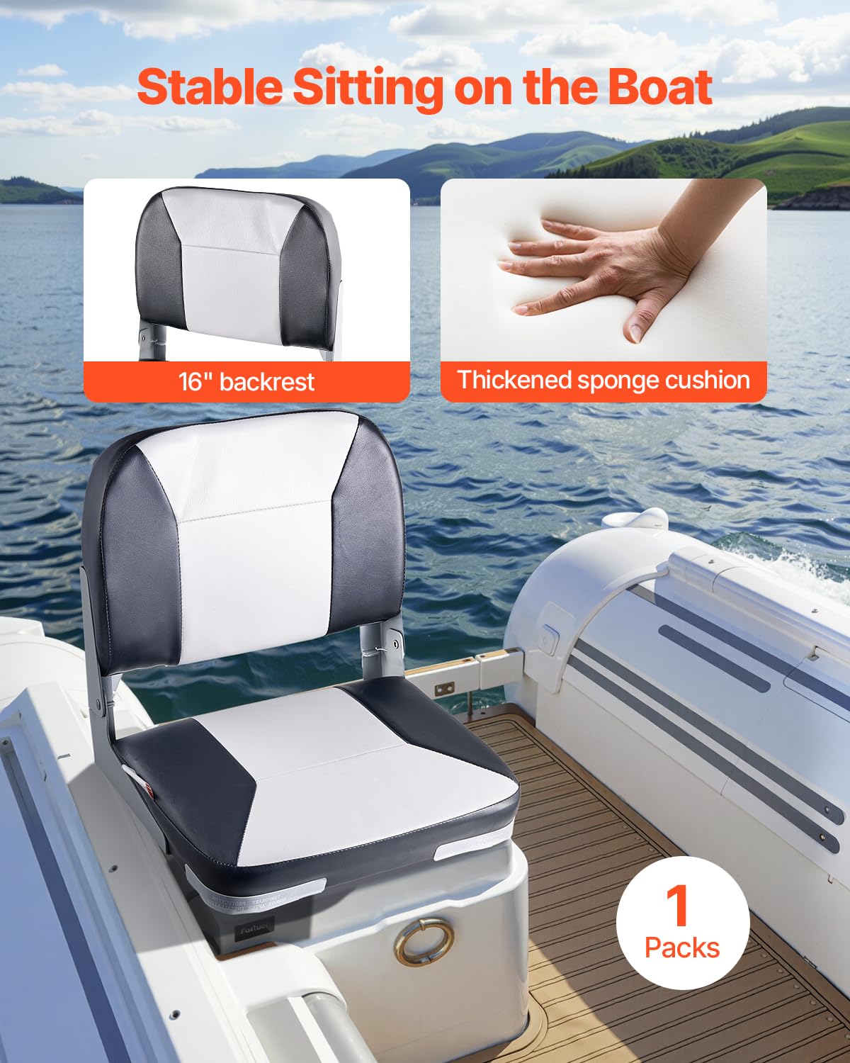 VEVOR Asiento de Barco con Respaldo Bajo Silla de Barco de Pesca Plegable con Cojín de Esponja Espesado y Cuero de PVC Impermeable Asiento de Bote Abatible para Barcos de Pesca, Yates, Negro y Gris