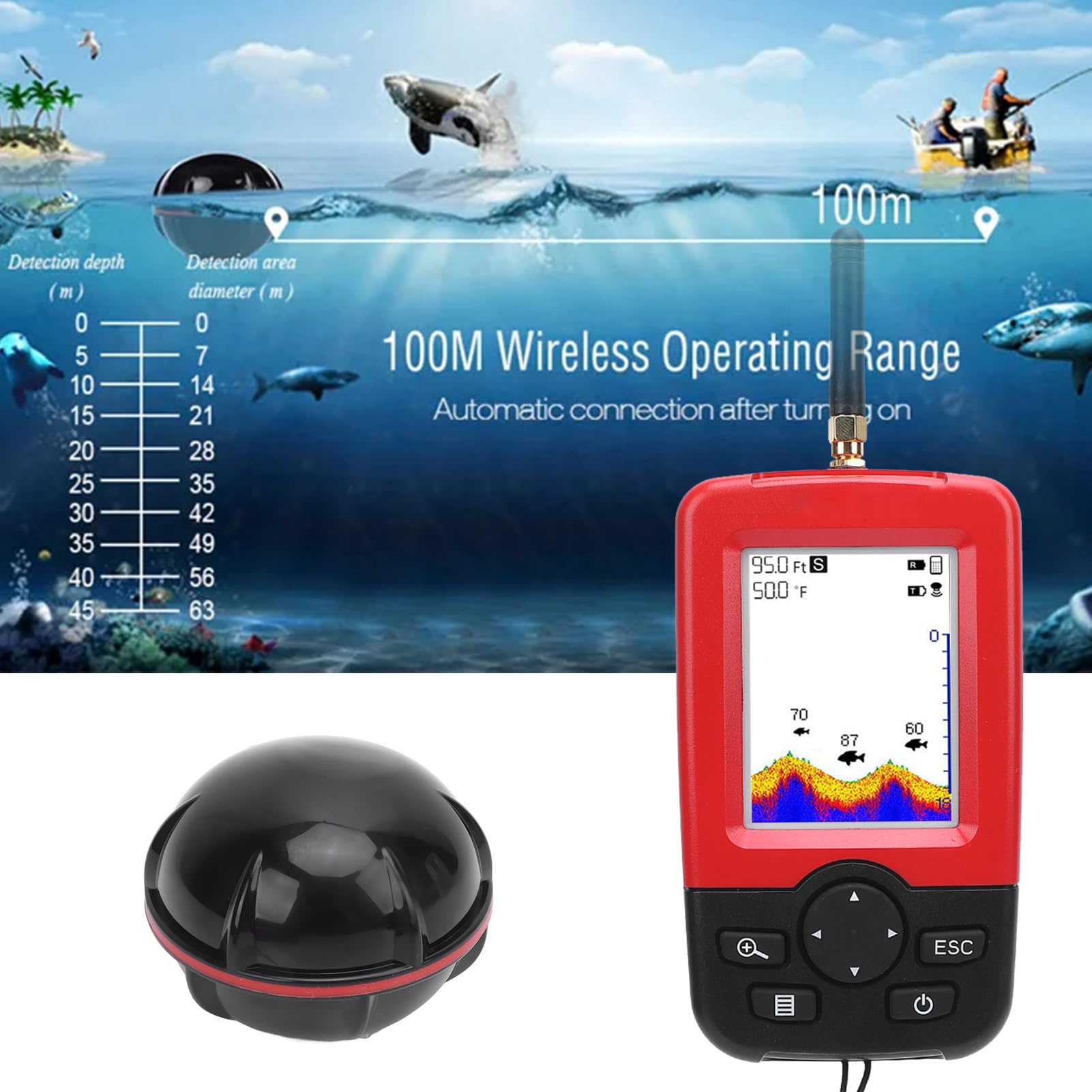 Tragbarer Fischfinder, 2,8-Zoll-HD-Display 2,4 G Drahtloser Fischfinder Sonarsensor 2-148 Fuß Wassertiefe Locator für Eisfischereifischerei