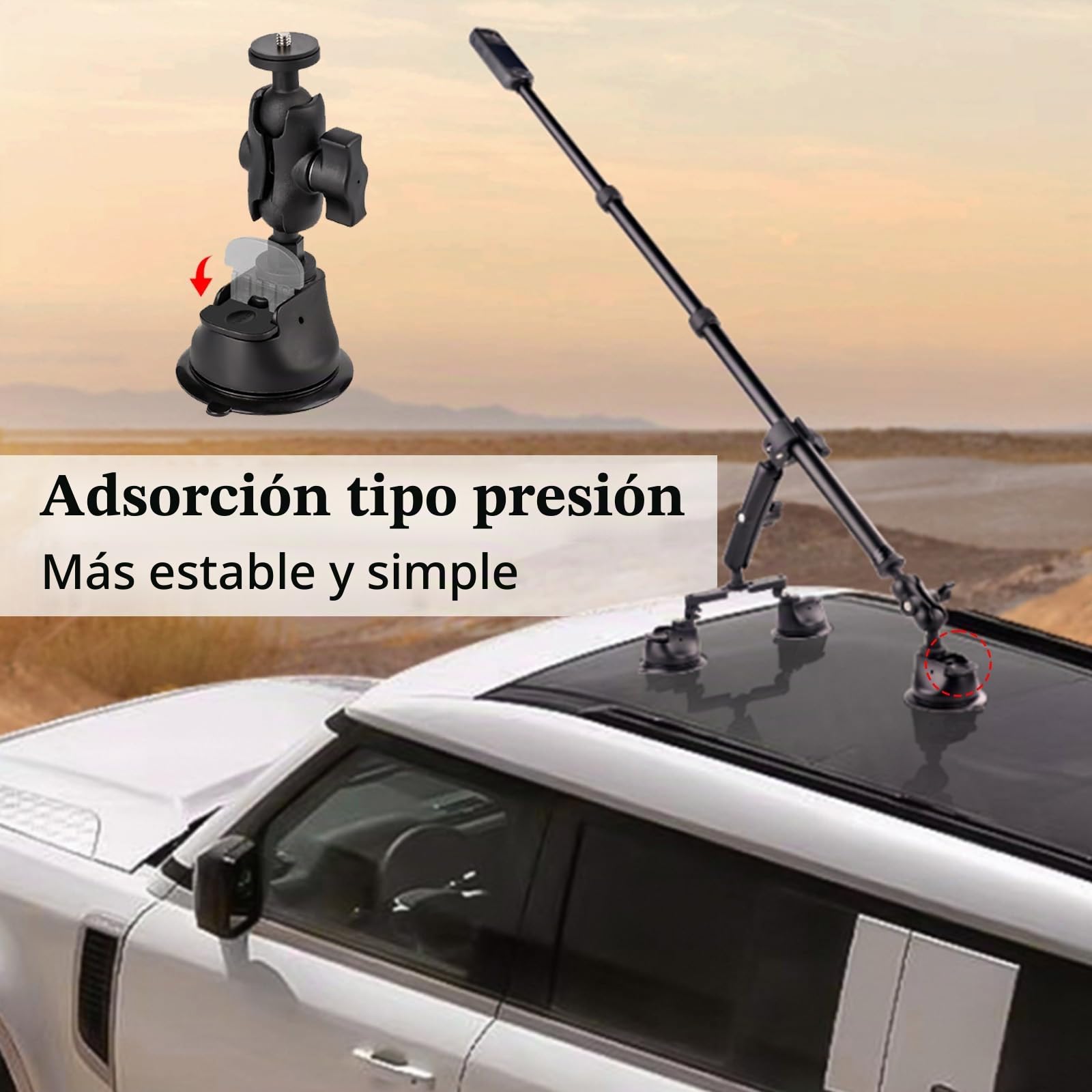 Juego De Soporte para Coche con Triple Ventosa, Soporte para Coche con Triple Ventosa Y Abrazadera para Cámara De AccióN Insta360 Gopro Akaso, Soporte para CáMara con Brazo MáGico Y Palo