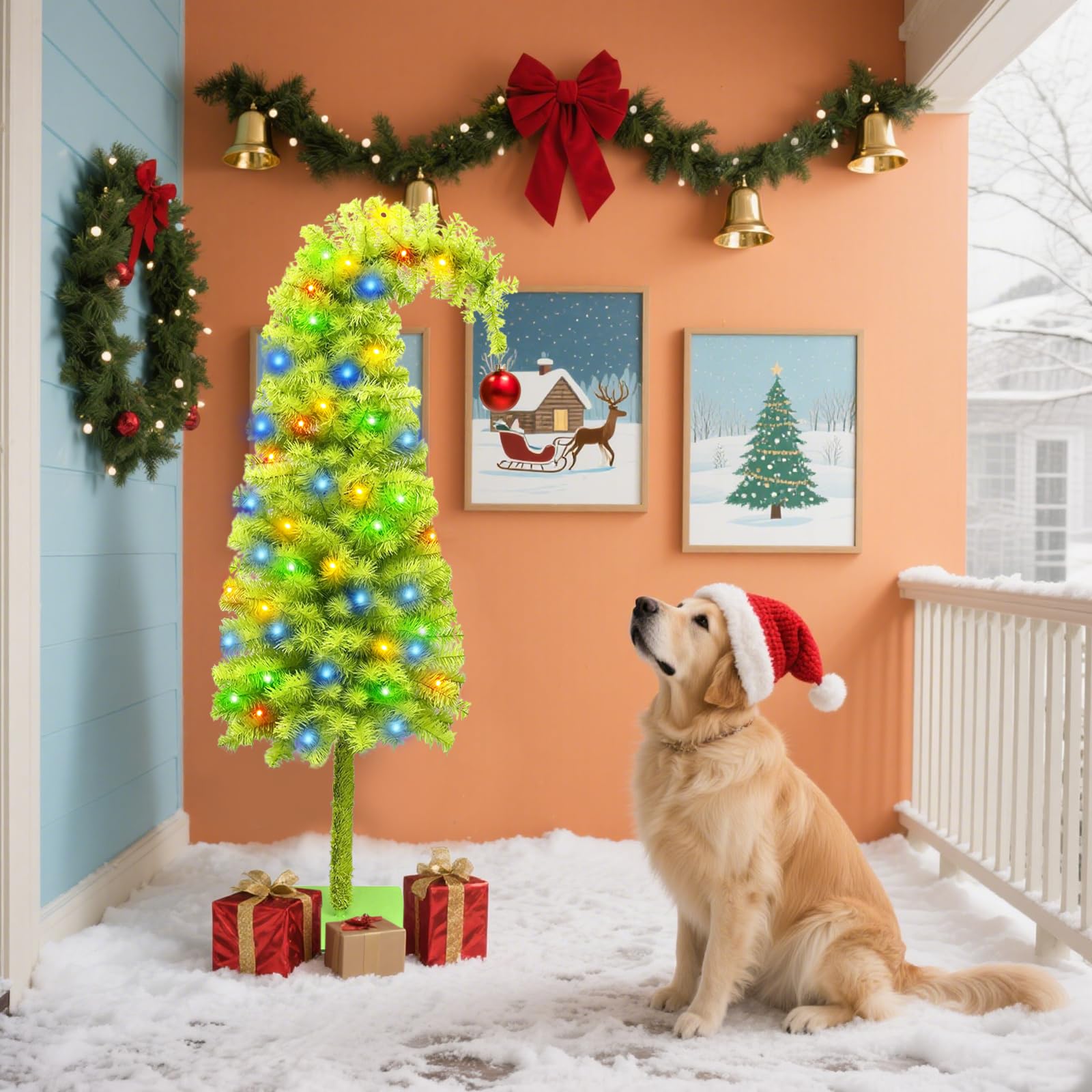 150cm Künstlicher Weihnachtsbaum mit Roter Kugelspitze Lichterkette, pop up decorated weihnachtsbaum mit beleuchtung, grinch Grüner weihnachtsbaum Christmas Tree, für Innen Außen Weihnachtsdeko (Grun)