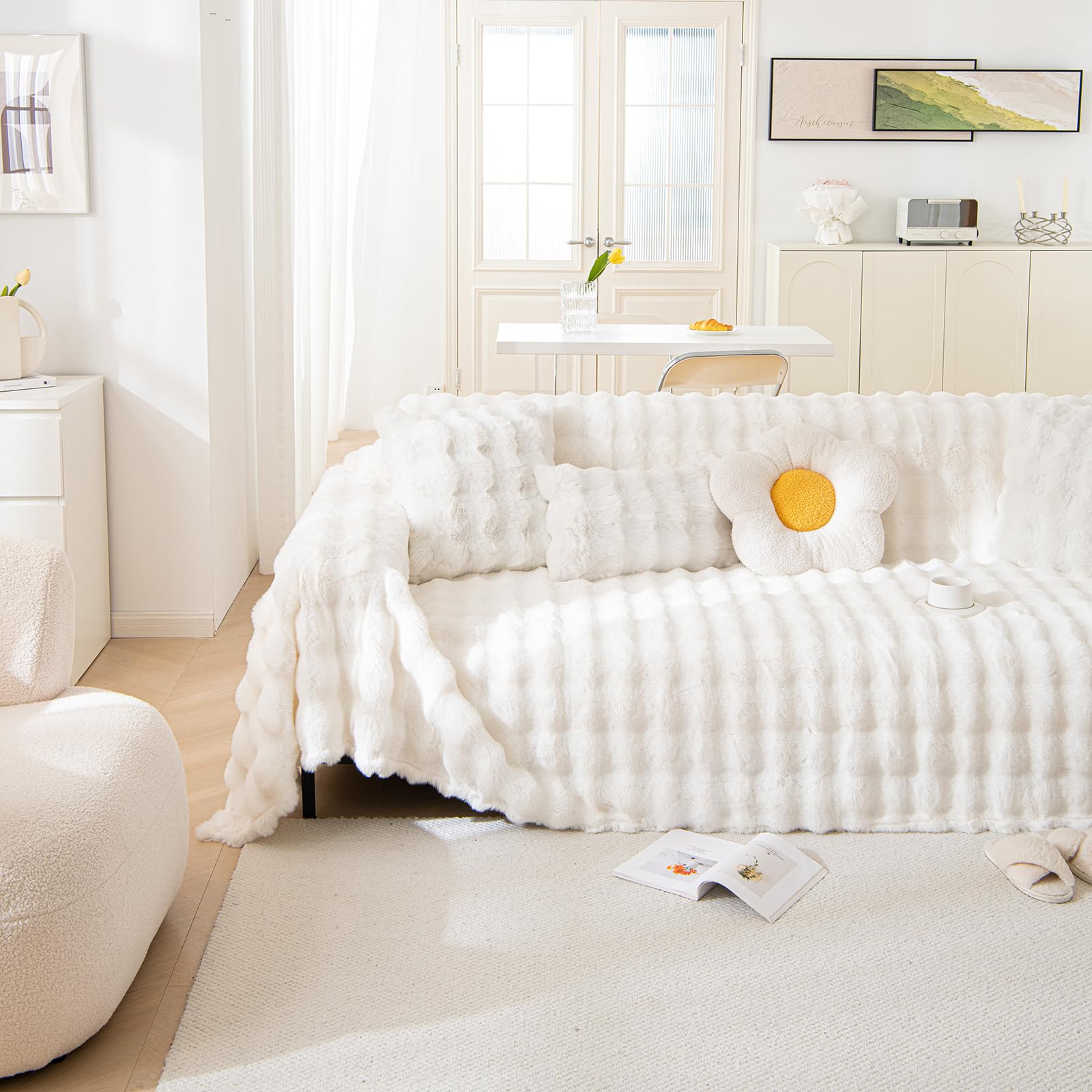 Photo 1 of REYOS 71x134 Inch Plush Sofa Covers for Winter Premium Faux Fur Couch Cover for L-Shaped Sofas Durable 1 Piece Fluffy Sofa Slipcover for Room Decor Wear-Resistant Furniture Protector Cover, White