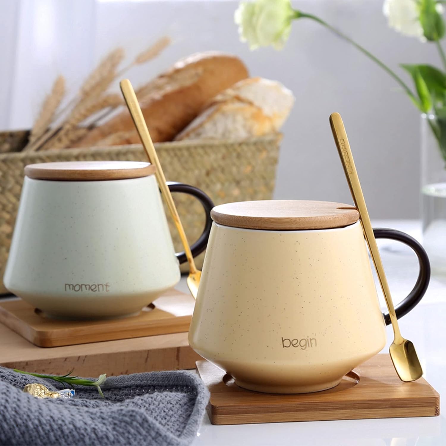 Mugs Coffee Cup and Saucer Set with Spoon Ceramic Coffee Mug 15.2 Oz Porcelain Tea Set with Wood Lid High Capacity Tea and Milk Ceramic Cup Coffee Mug (Color : White)