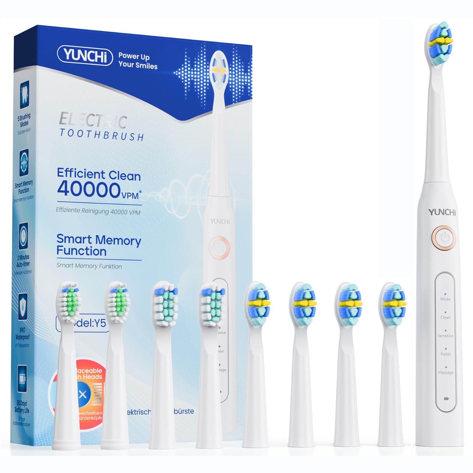 YUNCHI Electric Toothbrush for Adults, Sonic Toothbrush, Rechargeable Electric Toothbrush with 8 Brush Heads,5 Modes & 2 Minutes Smart Timer,Waterproof,330 Battery Days, White-image-28