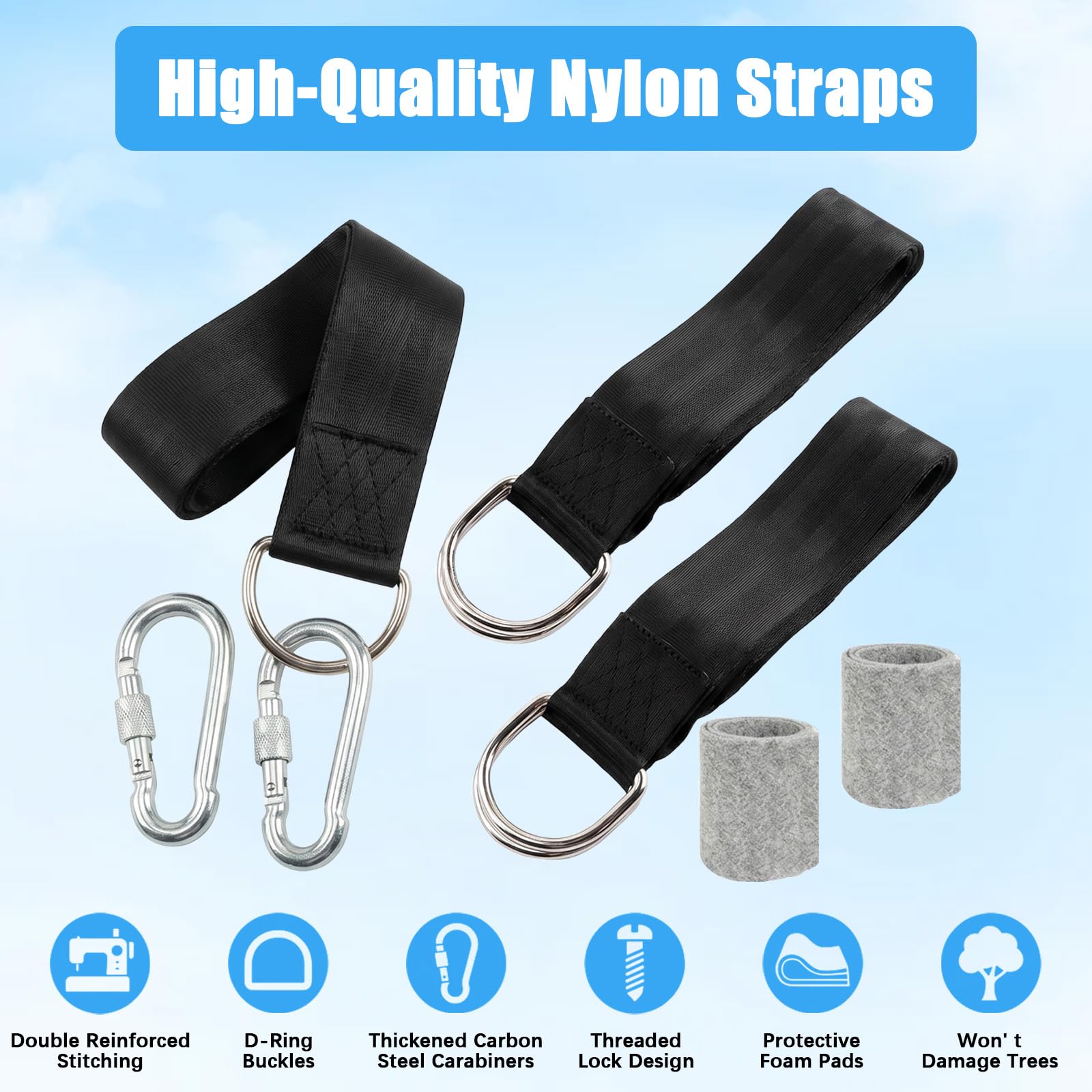 900 kg Correas Hamaca Kit Columpio, Fijación Suspensión 2 x 150 cm con Mosquetones, Anillos en D, Protectores de Árbol y Bolsa para Jardín, Camping, Uso Exterior