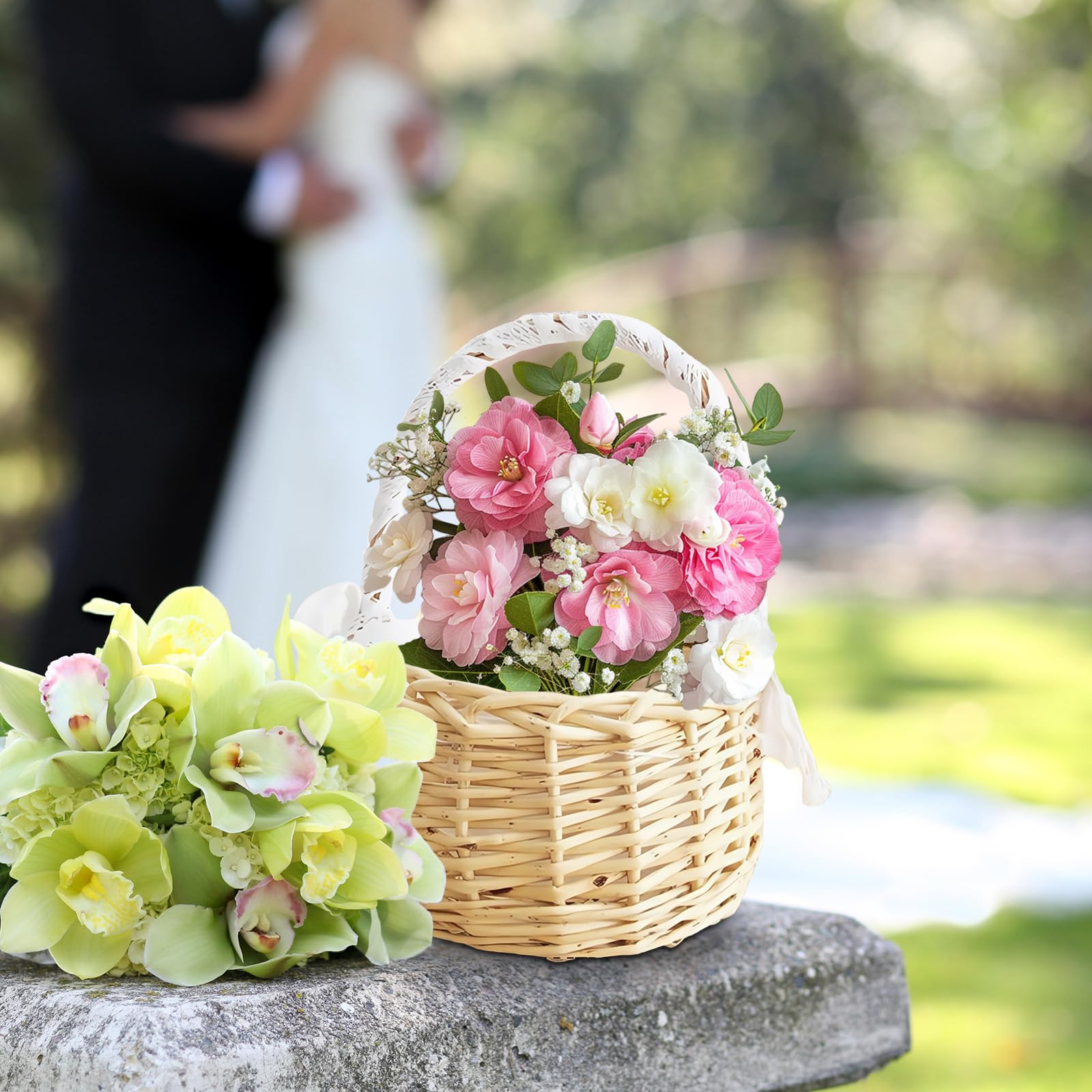 Set di 2 cestini per fiori da sposa con manico, mini cesto di fiori intrecciato, cesto pasquale con manico, piccolo cesto di vimini intrecciato con manico, per feste, festival