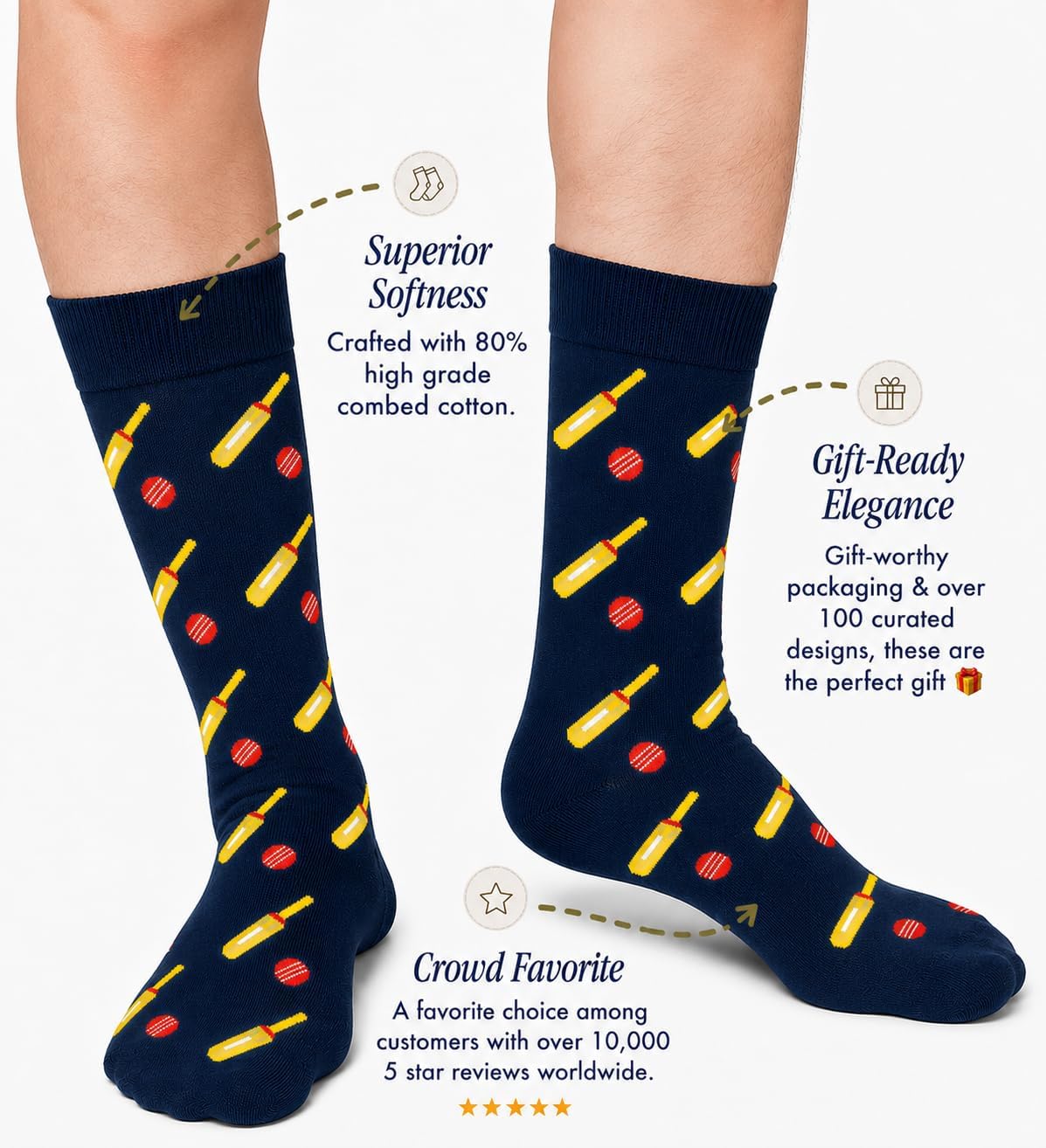 AUSCUFFLINKS Cricket Bat & Ball Socks | Cricketer Sock World Cup | Bowler Present for Men | Work Socks for Him | Birthday Prezzie for Guys (Cricket Bat & Ball)