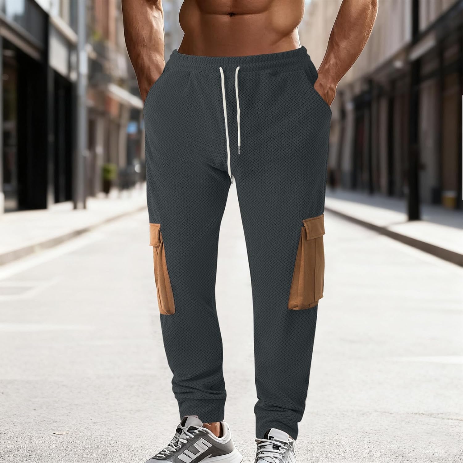 Mens Cargo Pants Drawstring Stretch Sweatpant Textured Breathable Workout Joggers Trousers with Pockets