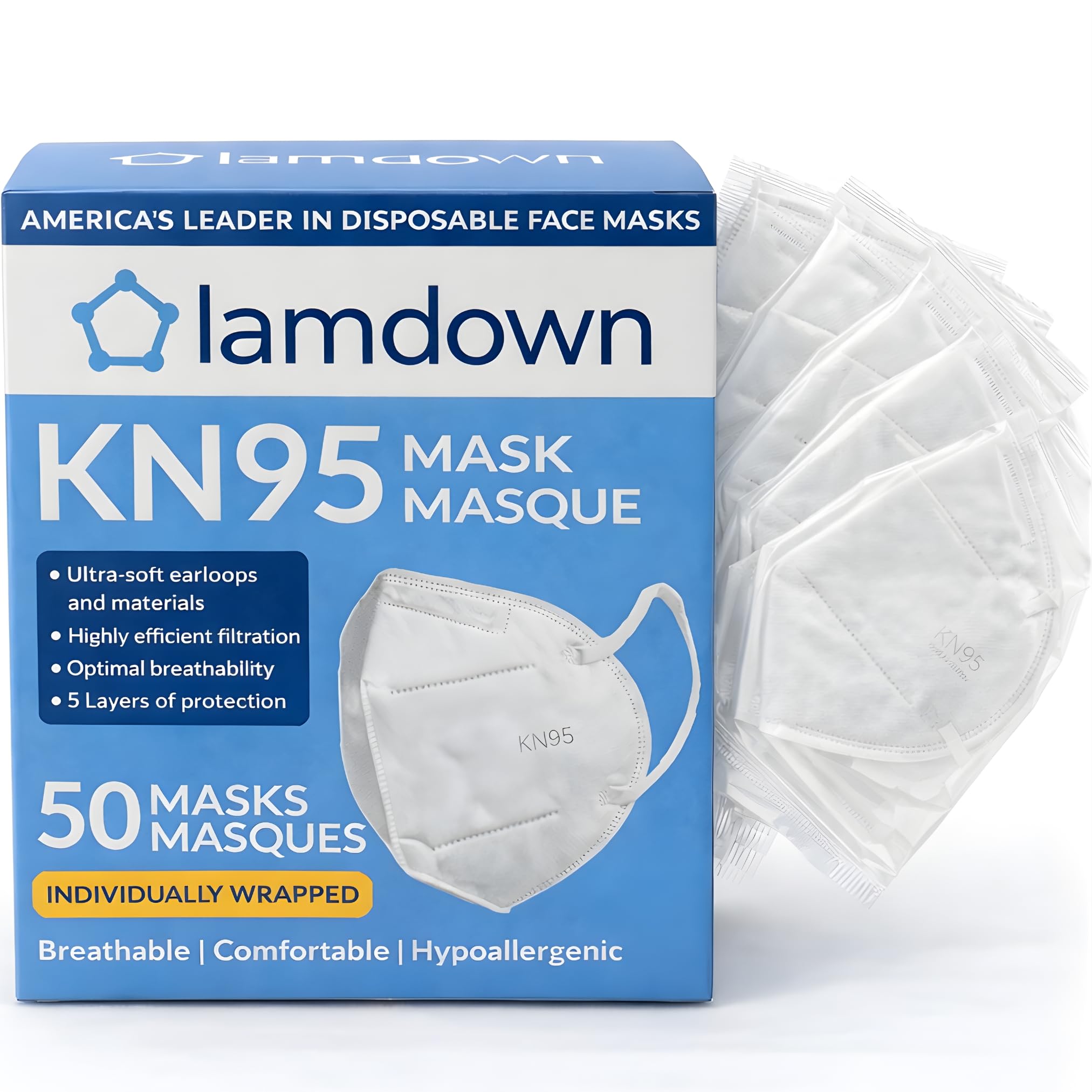(50-Pack) KN95 Face Masks, Individually Wrapped, Premium Disposable Dust Mask, White