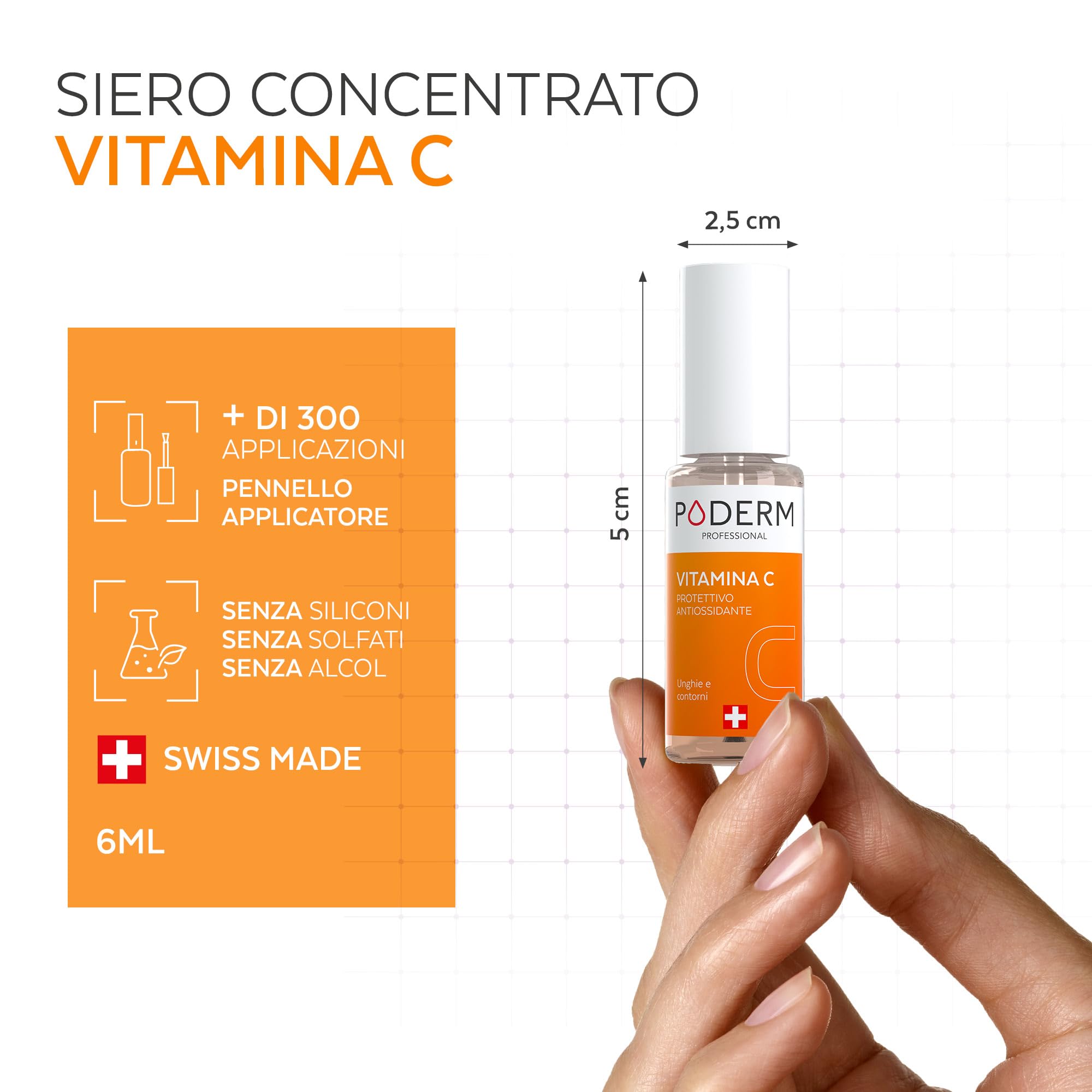 PODERM 5 in 1 Siero Booster Unghie – Vitamina C | Trattamento Illuminante e Antiossidante per Unghie Opache – 6 ML | Nutre e Rinforza L'unghia | 100% naturale – Sviluppato da un Podologo in Svizzera