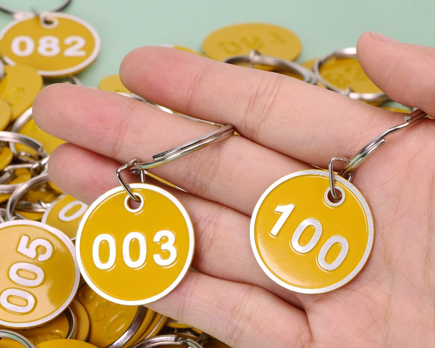 ONLYKXY 1-100 Number Colorful Tough Aluminum Metal Numbered Marking Identification Hang Tags Luggage Labels ID Tag with Split Rings for Organized Coded Key Box Cabinet System Identifier (Yellow)